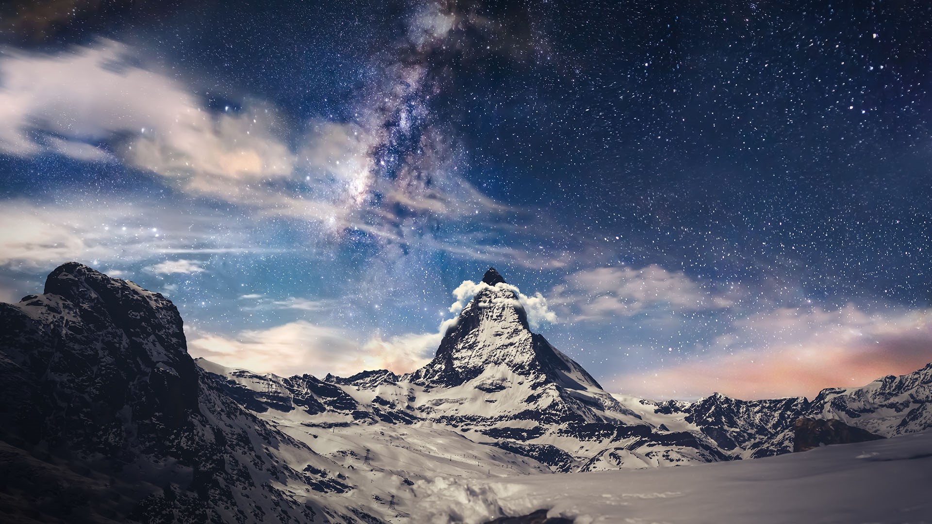 Nature Landscape Far View Mountains Snow Clouds Rocks Stars Galaxy Milky Way Night Matterhorn Zermat 1920x1080