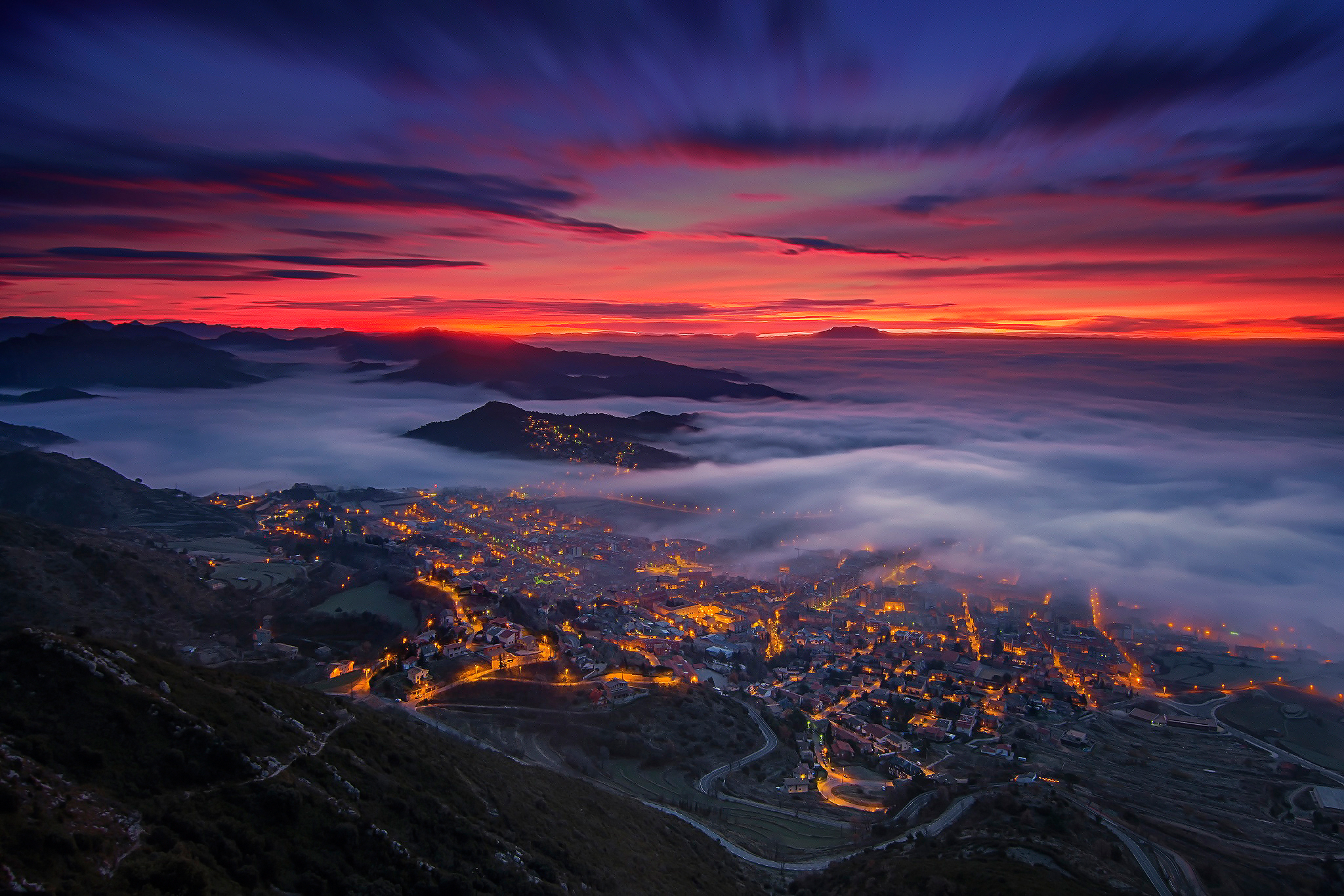 Spain Berga Catalonia Valley Night Fog Cloud Horizon Landscape Sky 2048x1366