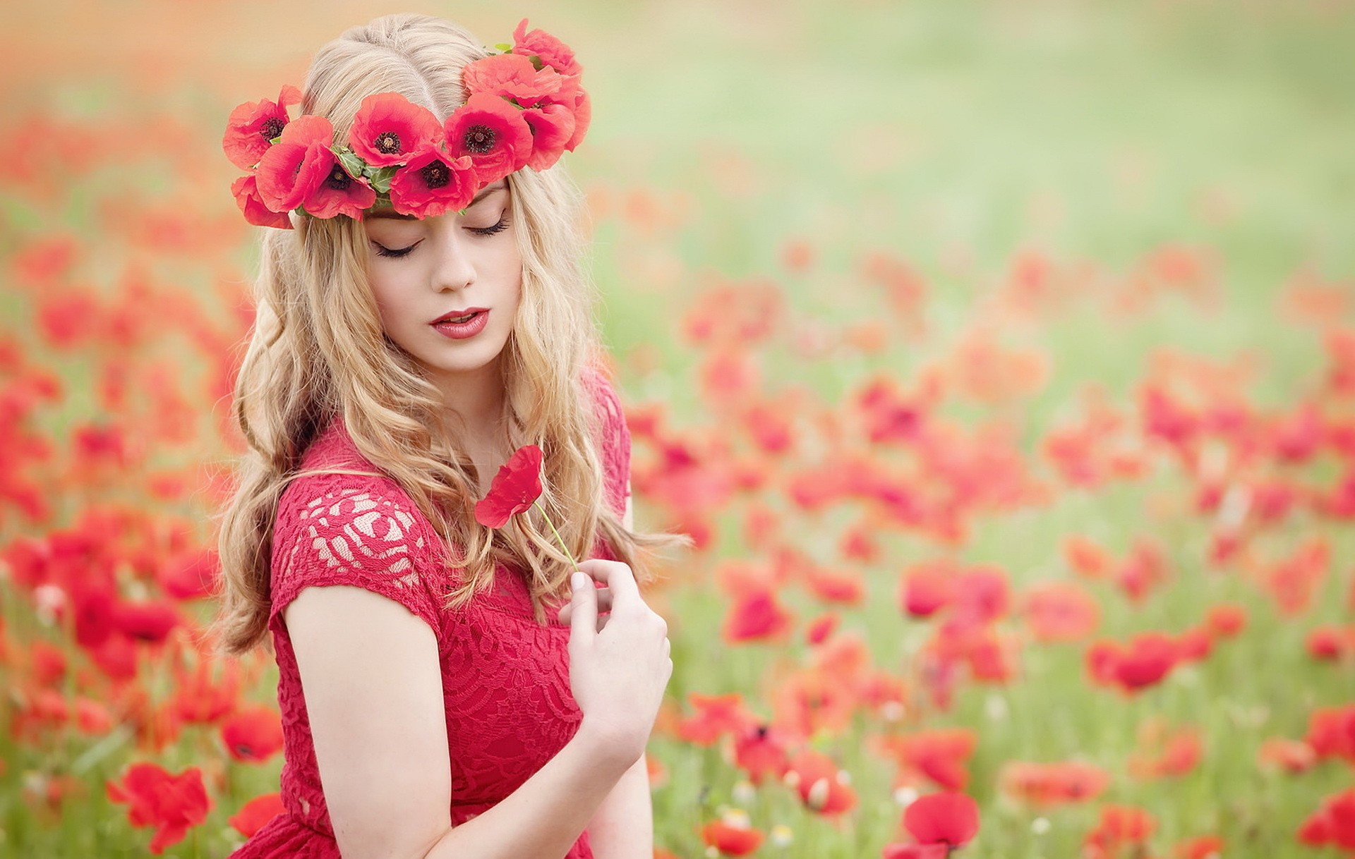 Flowers Field Nature Women Closed Eyes Poppies 1920x1218