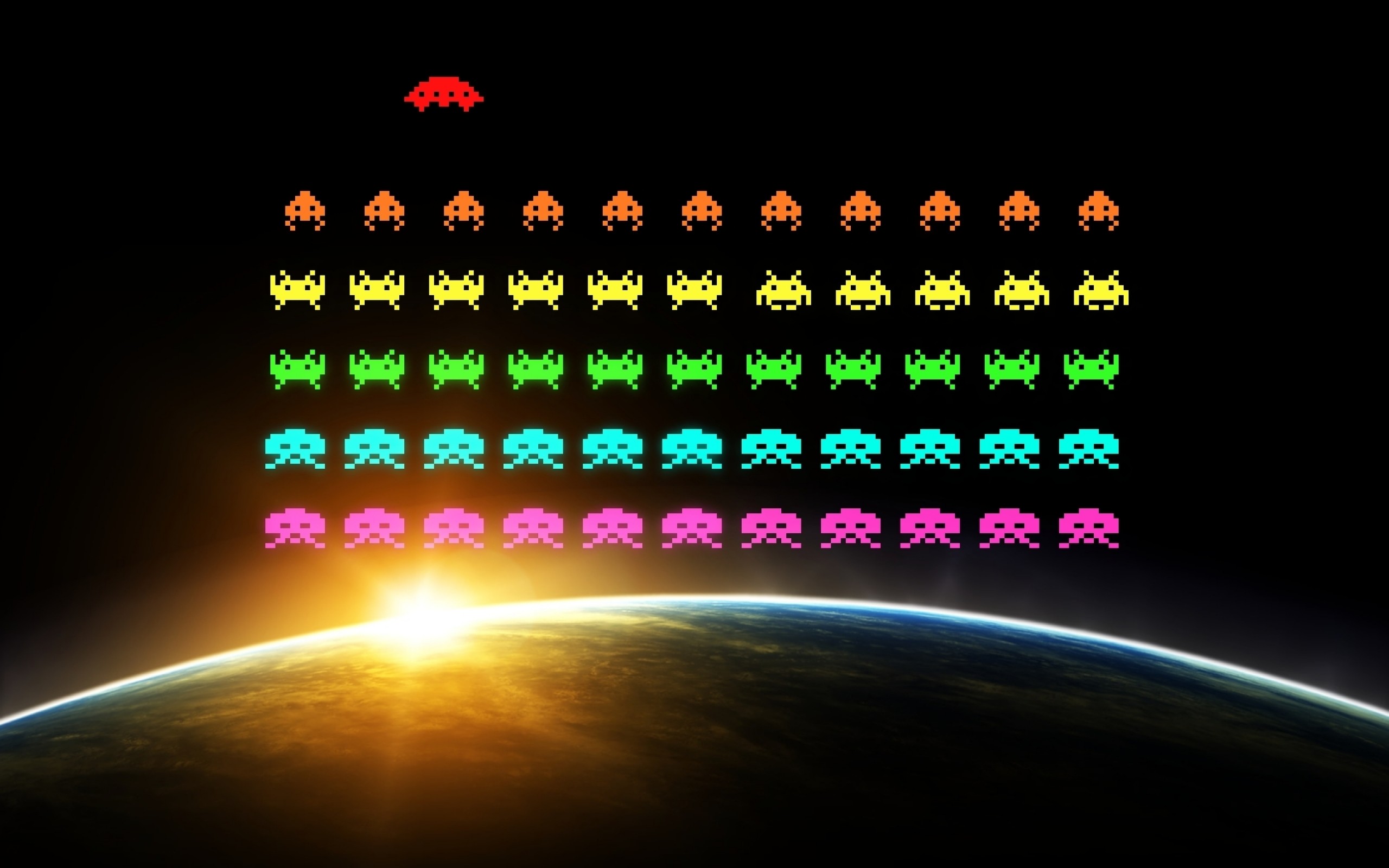 Pixels Pixel Art Digital Art Video Games Space Invaders Vintage Aliens Colorful Earth Sun Space Blac 2560x1600