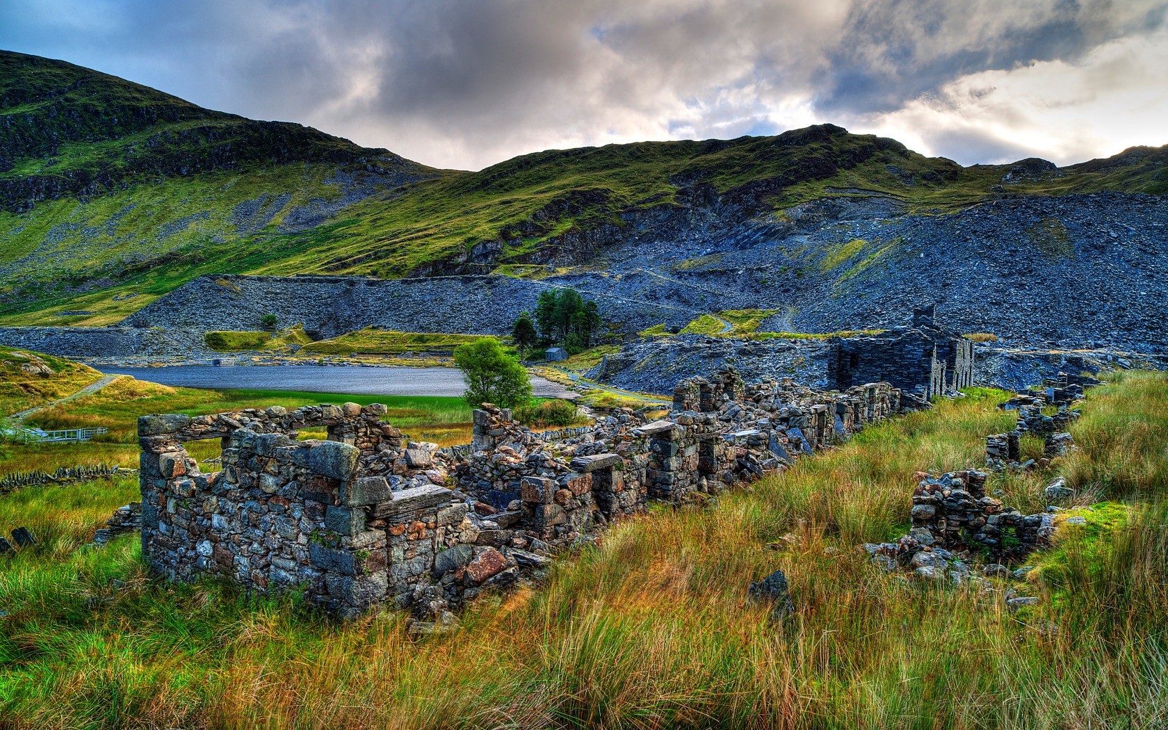 Nature Landscape Clouds Hills Wales UK Castle Ruin Rock Trees Mountains Grass House Lake Bricks HDR 1680x1050