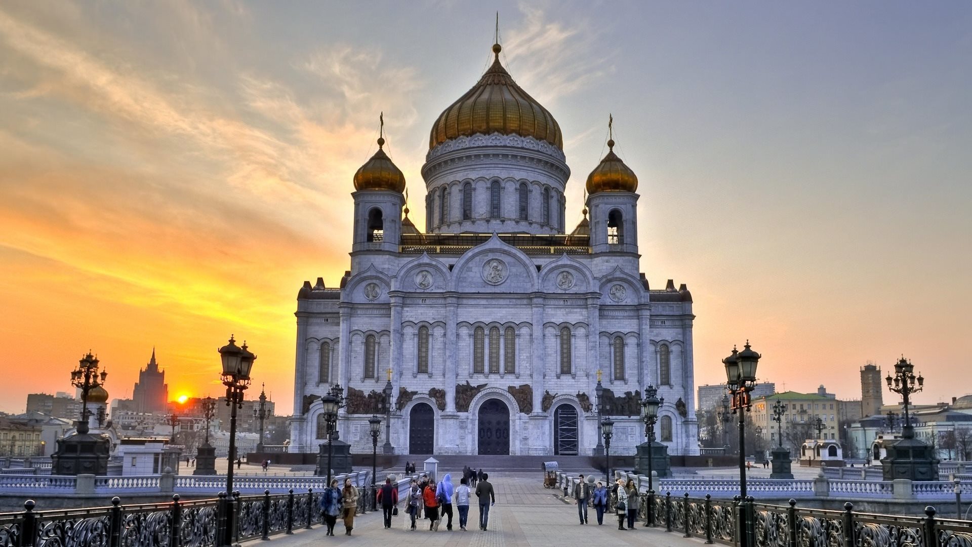 Cathedral Of Christ The Saviour Church City Sunset Architecture Moscow Russia Man Made Building Cath 1920x1080