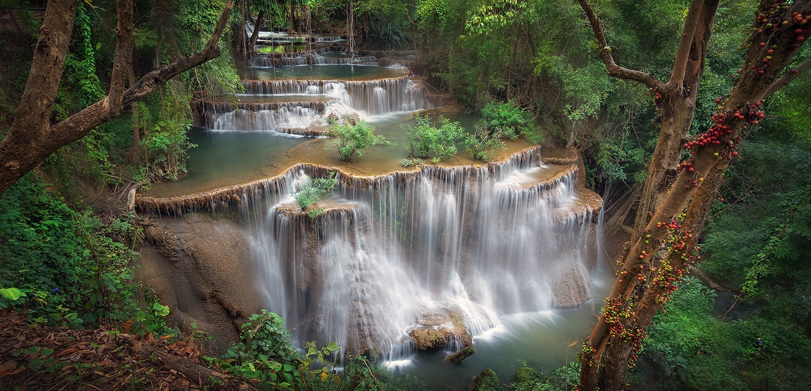Thailand Waterfall Terraces Shrubs Forest Trees Tropical Nature Landscape 1600x771