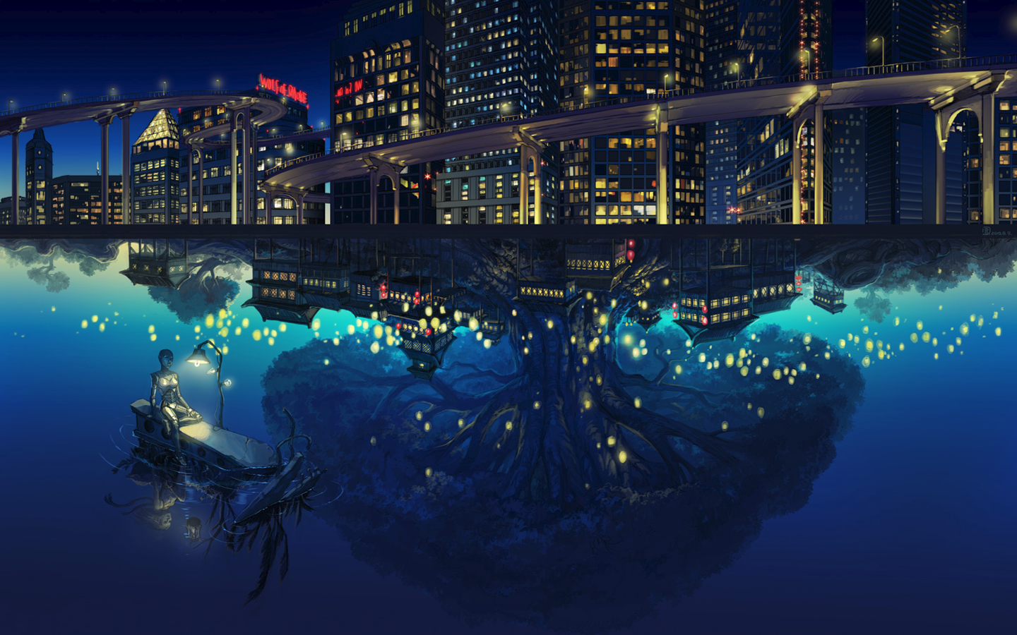 Anime Night View Trees Reflection Water Building Alternate Reality 1440x900