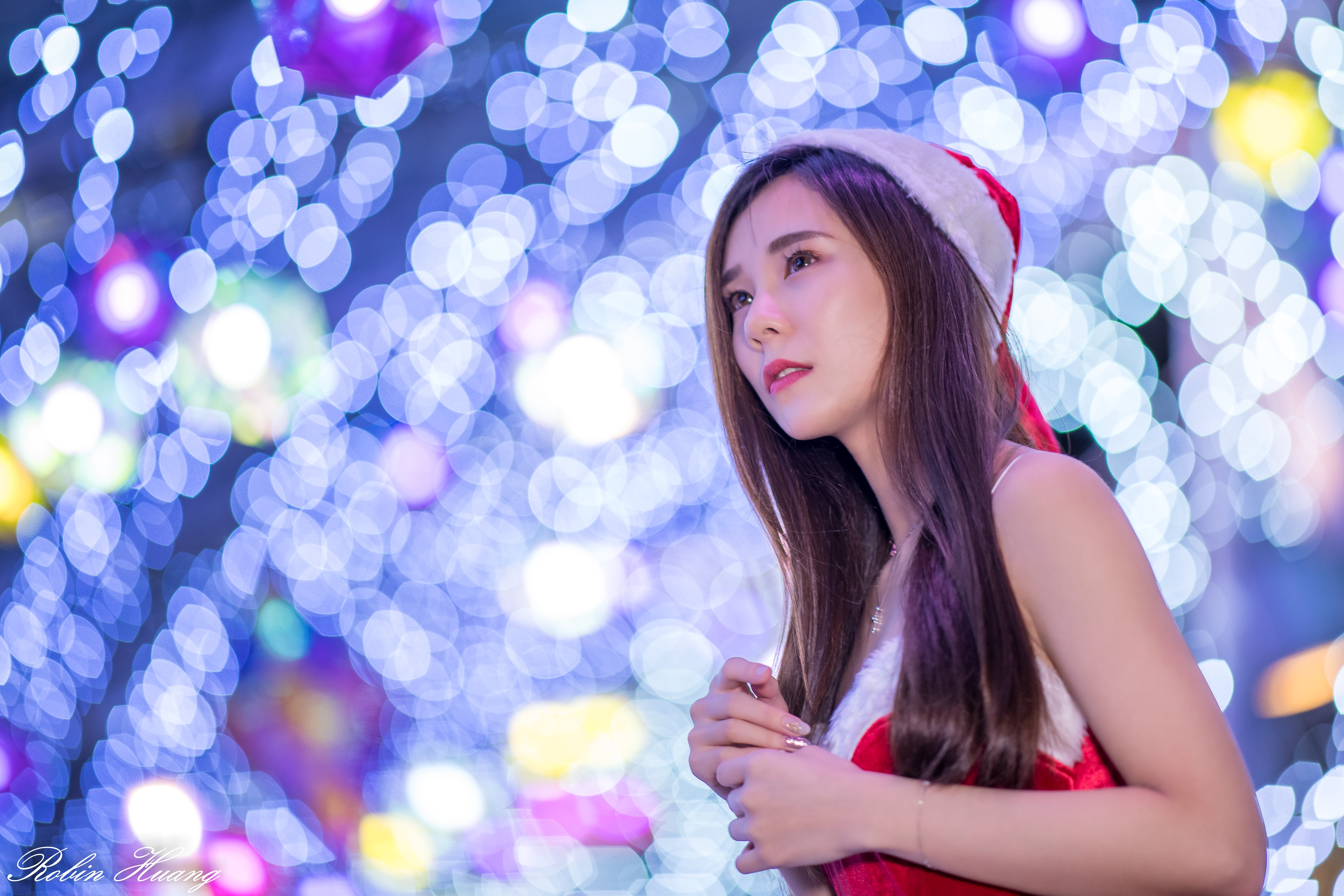 Asian Women Model Brunette Christmas Long Hair Santa Hats Santa Outfit Santa Girl Portrait Bokeh Nig 4096x2731