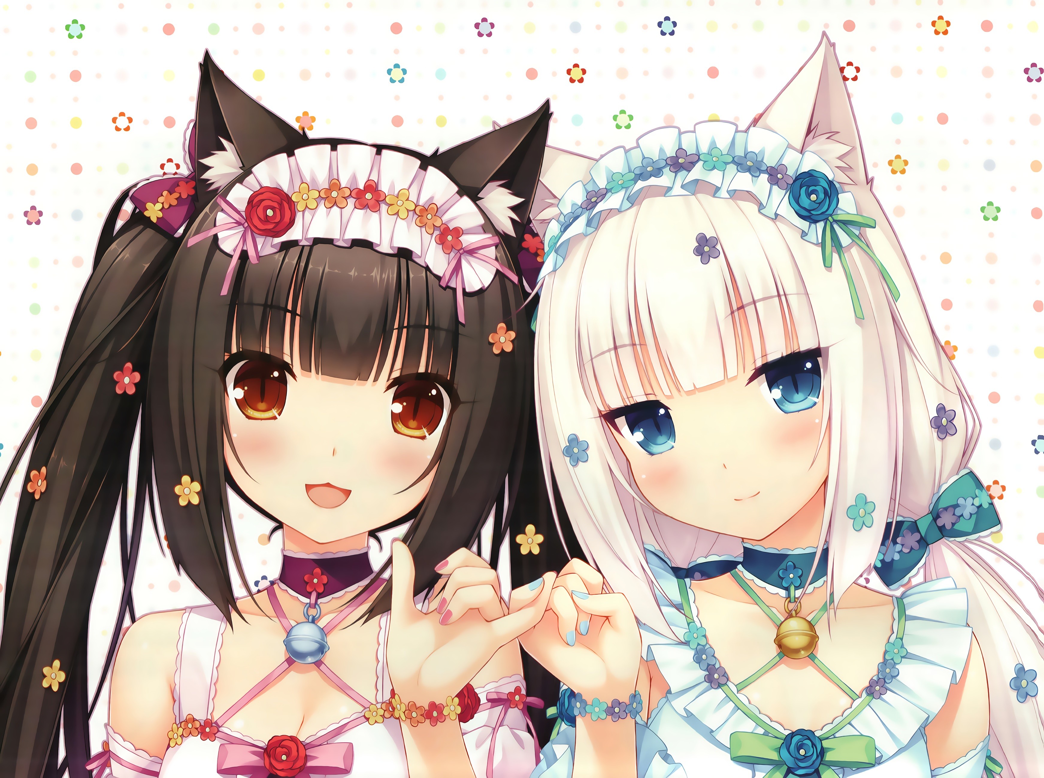 Anime Anime Girls Neko Para Chocolat Neko Para Vanilla Neko Para Animal Ears Bell Choker Flowers Hea 3486x2600