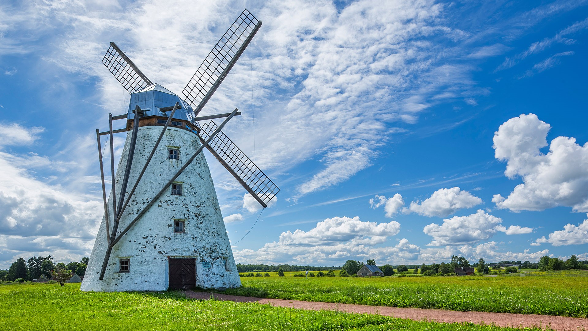 Plants Nature Landscape Trees House Clouds Sky Path Windmill Estonia Window 1920x1080