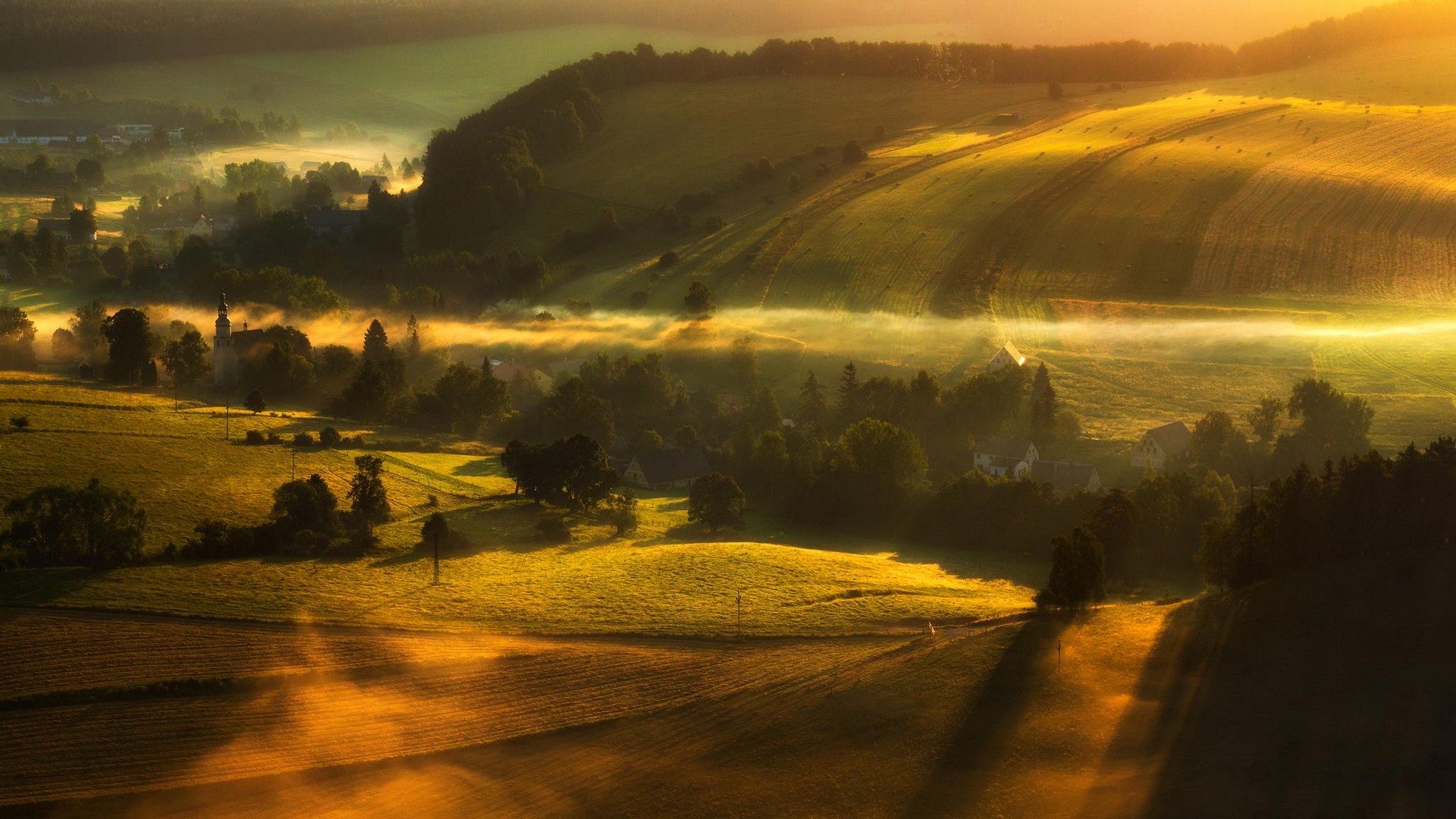 Landscape Nature Valley Mist Morning Villages Trees Field 1920x1080