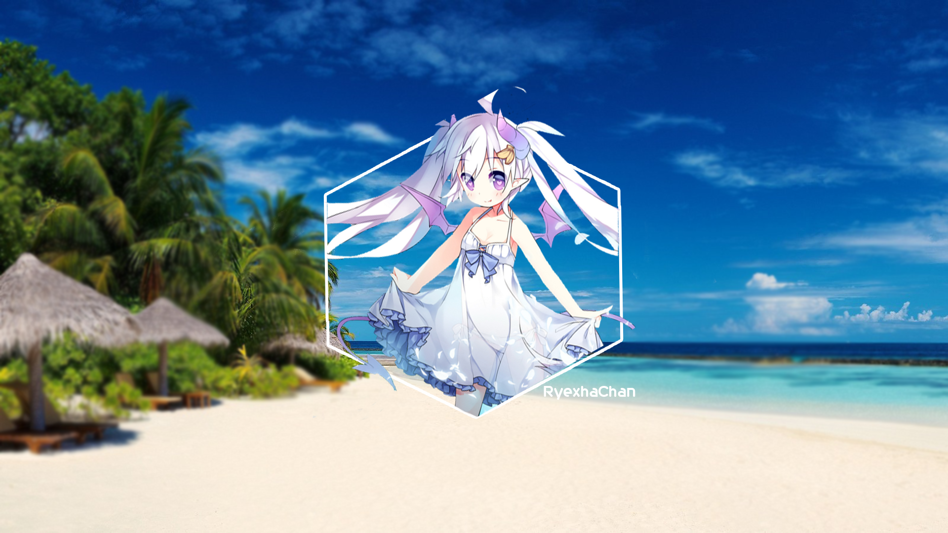 Vocaloid Another Beach Palm Trees Tropical Anime Girls Sky Sea 1920x1080