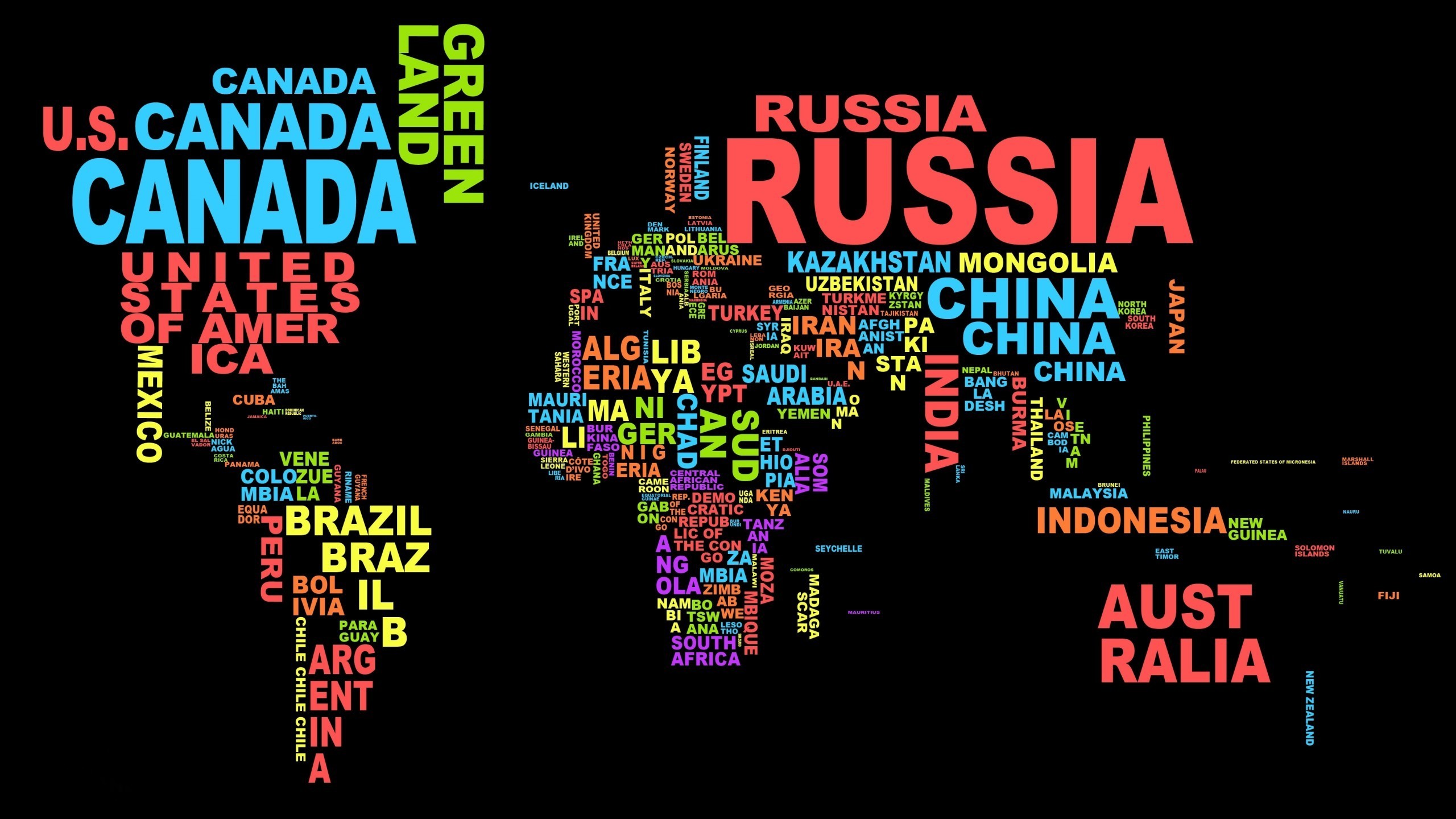 Countries Typography Black Background World Map Map Colorful Word Clouds 2560x1440