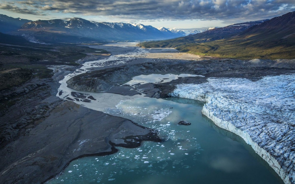 Nature Landscape River Glaciers Mountains Valley Clouds Snowy Peak 1230x768