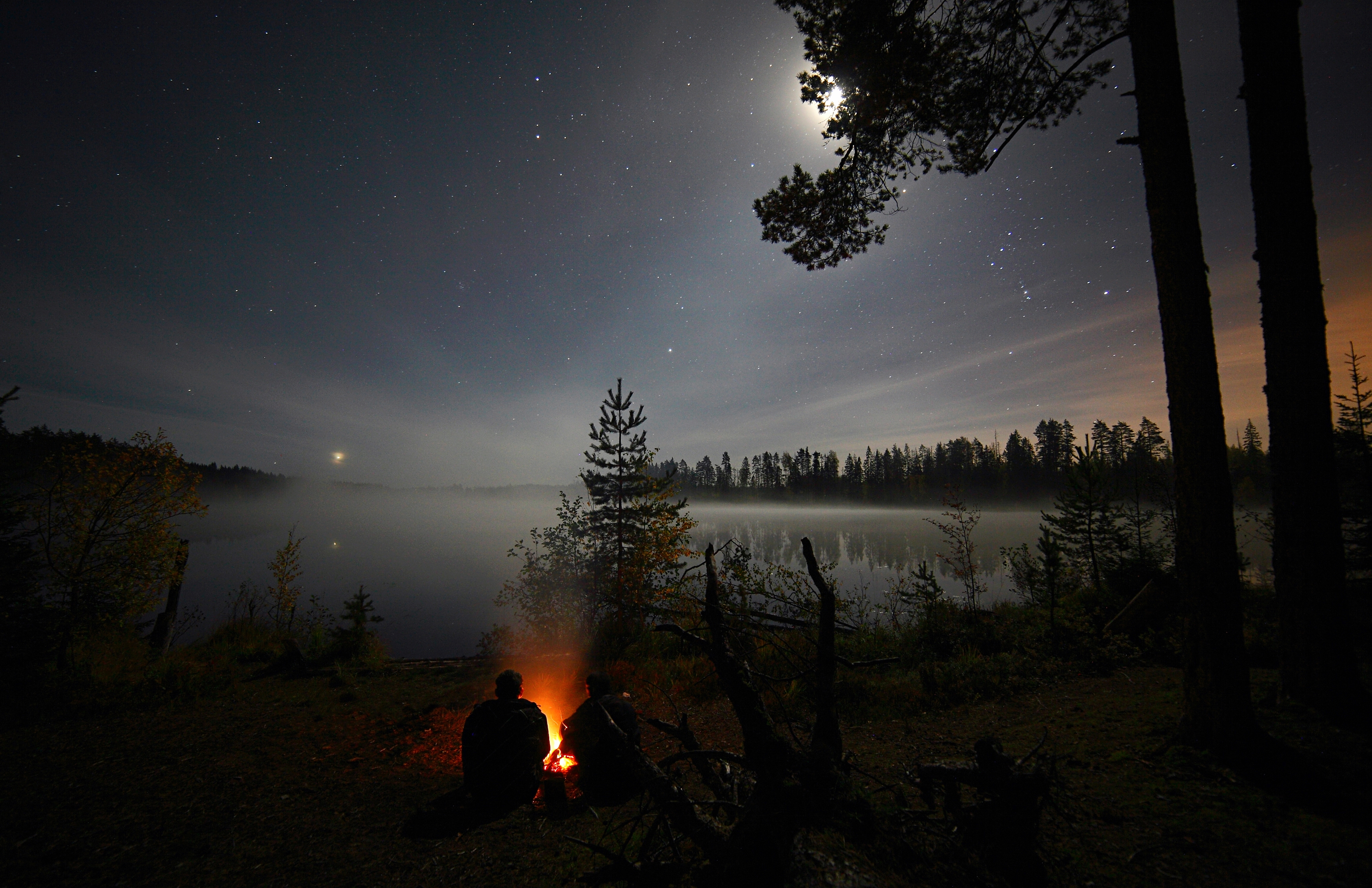 Night Stars Bonfire People Forest Lake Water Sky Moon Russia Nature Landscape 3500x2265