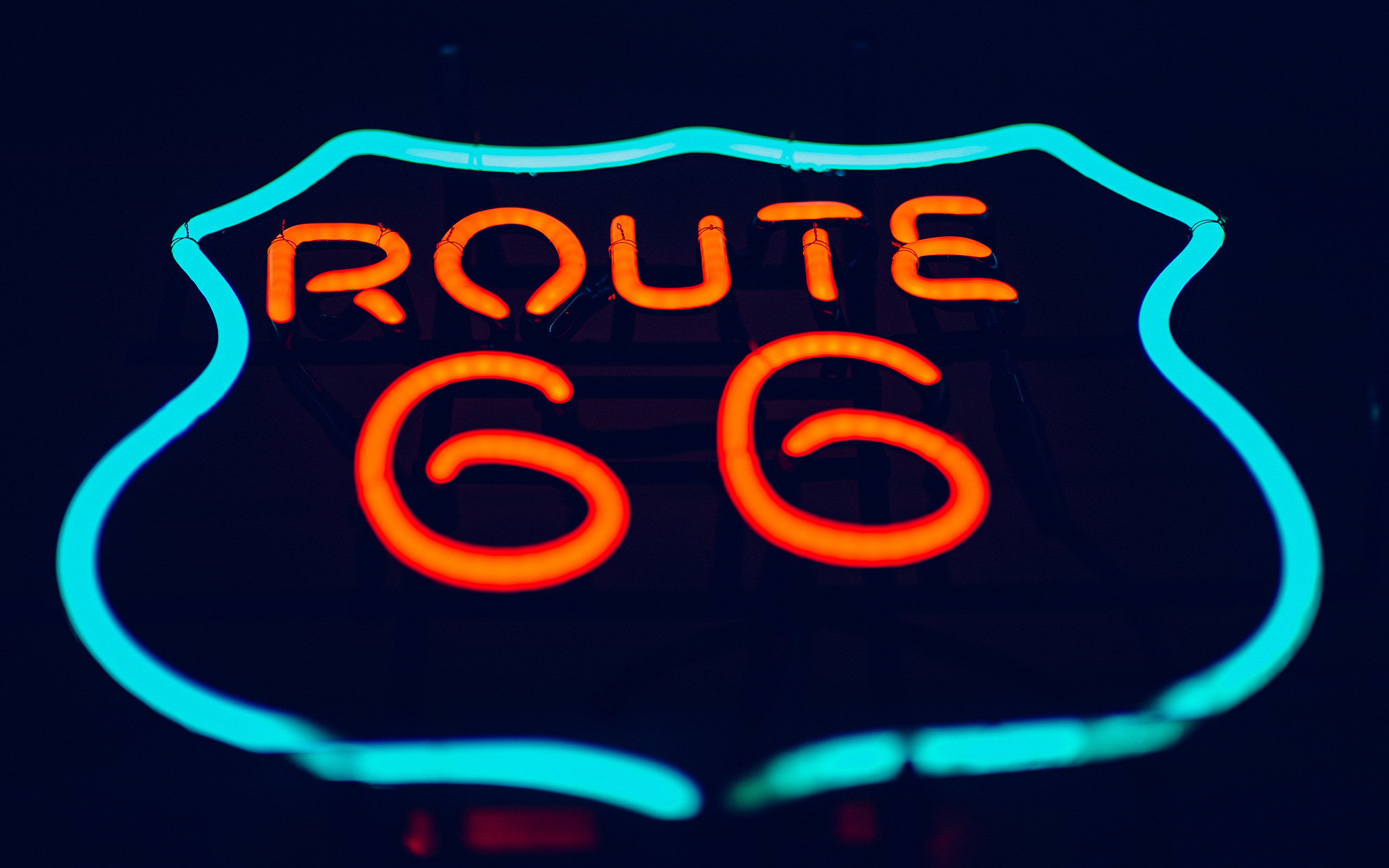 Neon Lights Route 66 Night Signs Dark Red Cyan 2560x1600