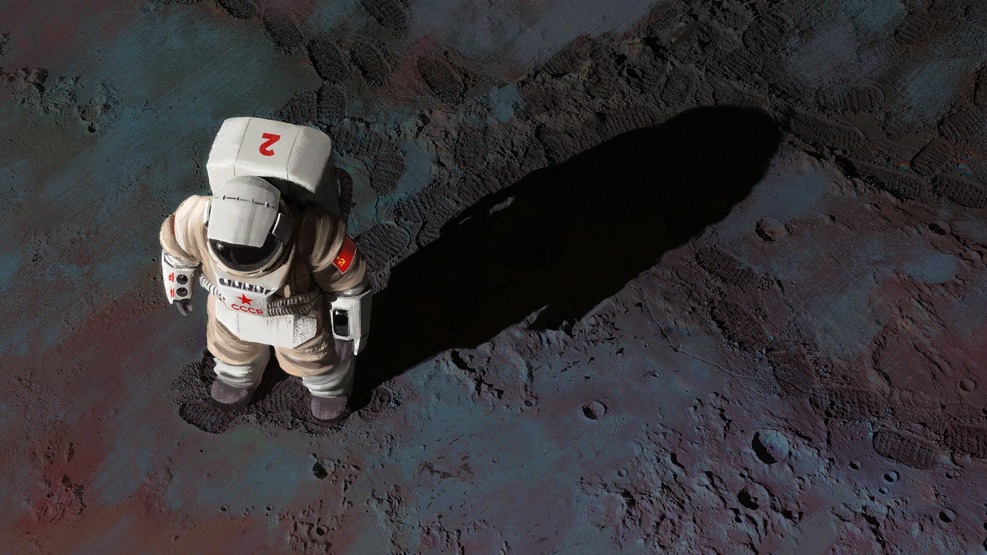 Astronaut Spacesuit Helmet Digital Art Moon Shadow USSR Footprints Top View 1920x1080