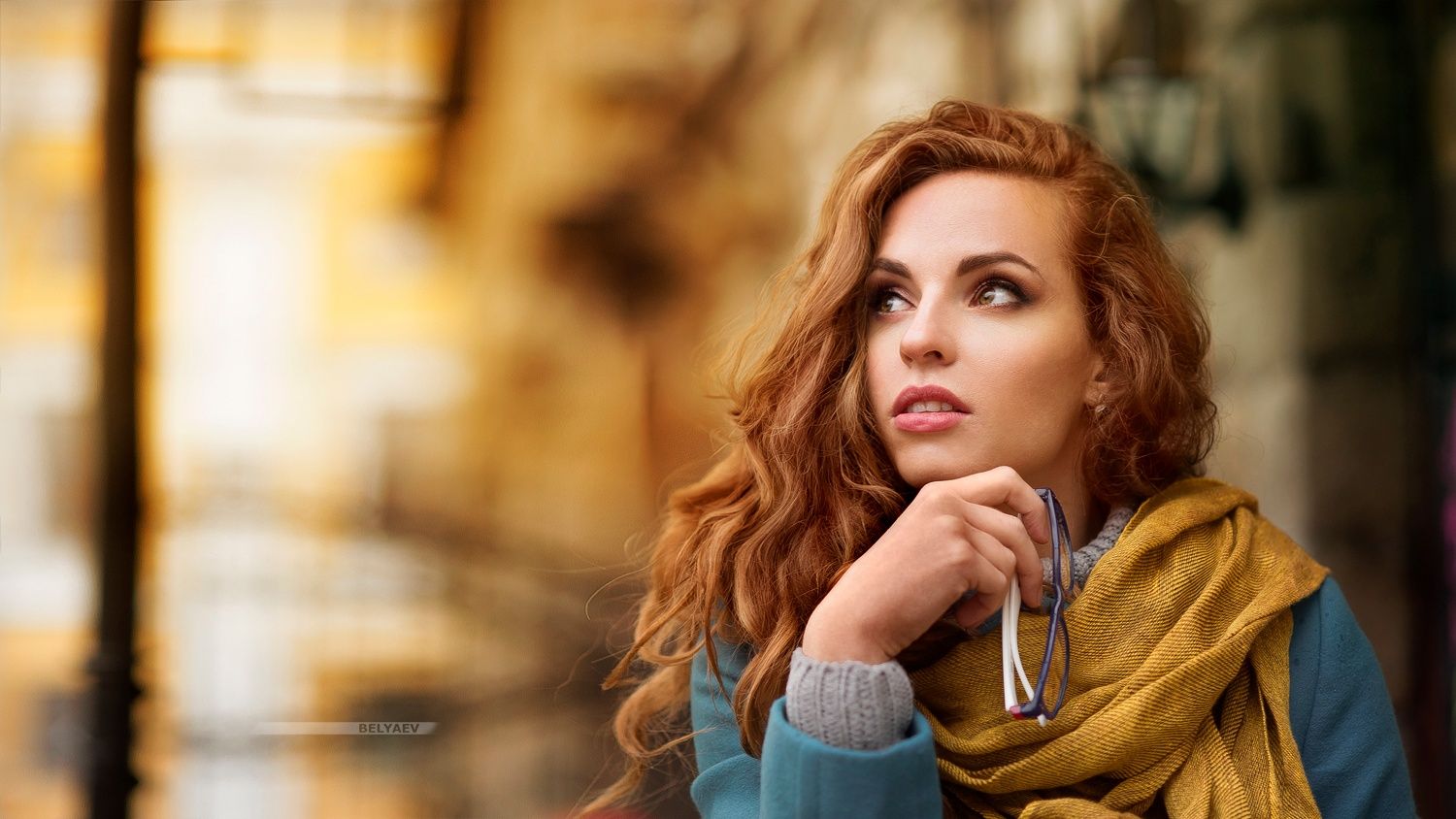 Dmitry Belyaev Women Redhead Long Hair Wavy Hair Looking Away Scarf Blouse Sweater Sunglasses Blue P 1500x844