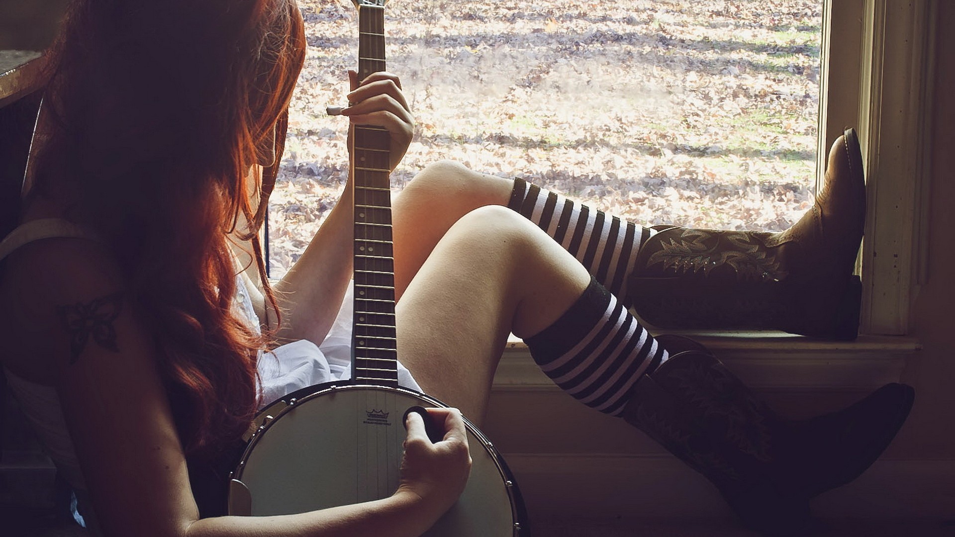 Women Striped Socks Brunette Tattoo Banjo Guitarist Boots Covered Face 1920x1080