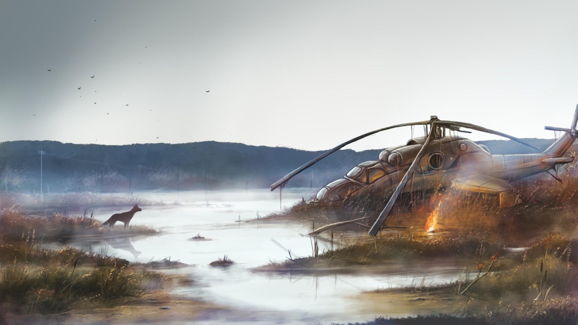 Digital Art Nature Helicopters Wreck Apocalyptic Animals Dog Fire Mist Plants Birds S T A L K E R Vi 1920x1080