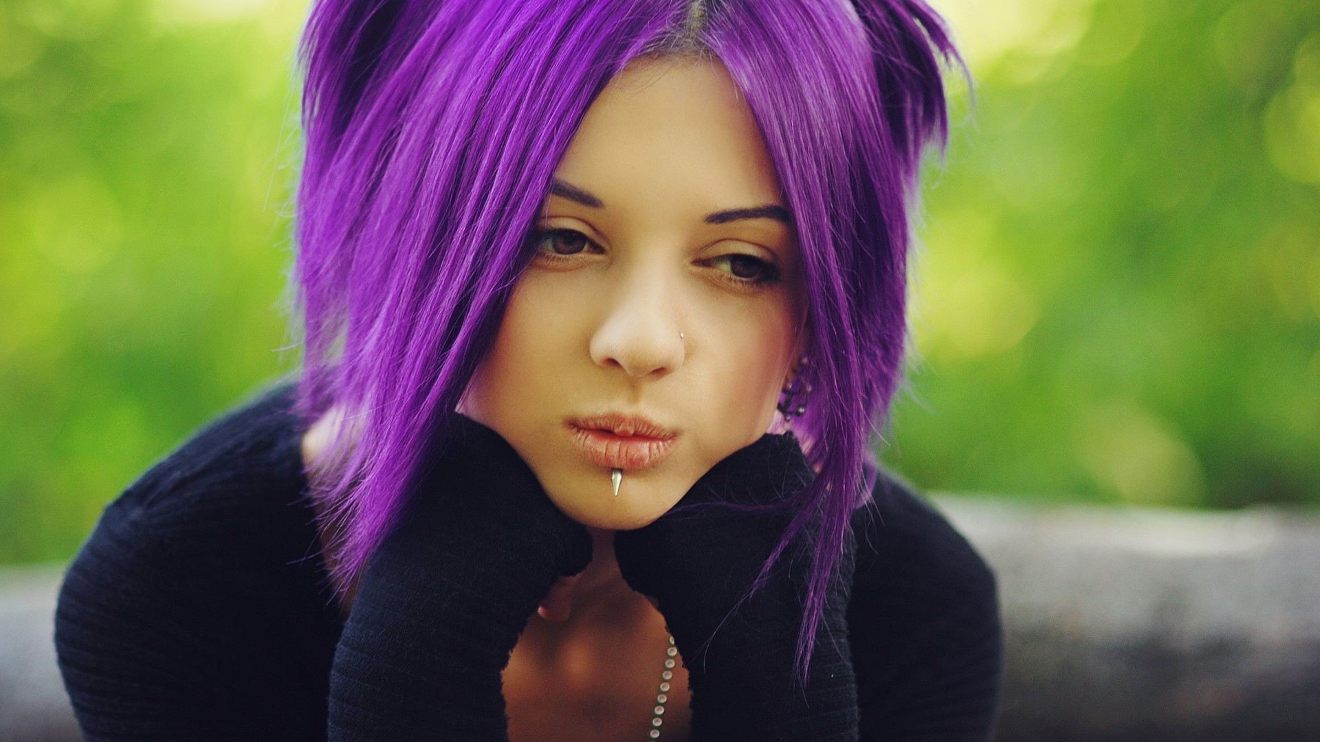 Women Purple Hair Dyed Hair Looking Away Pierced Nose Piercing 1920x1080