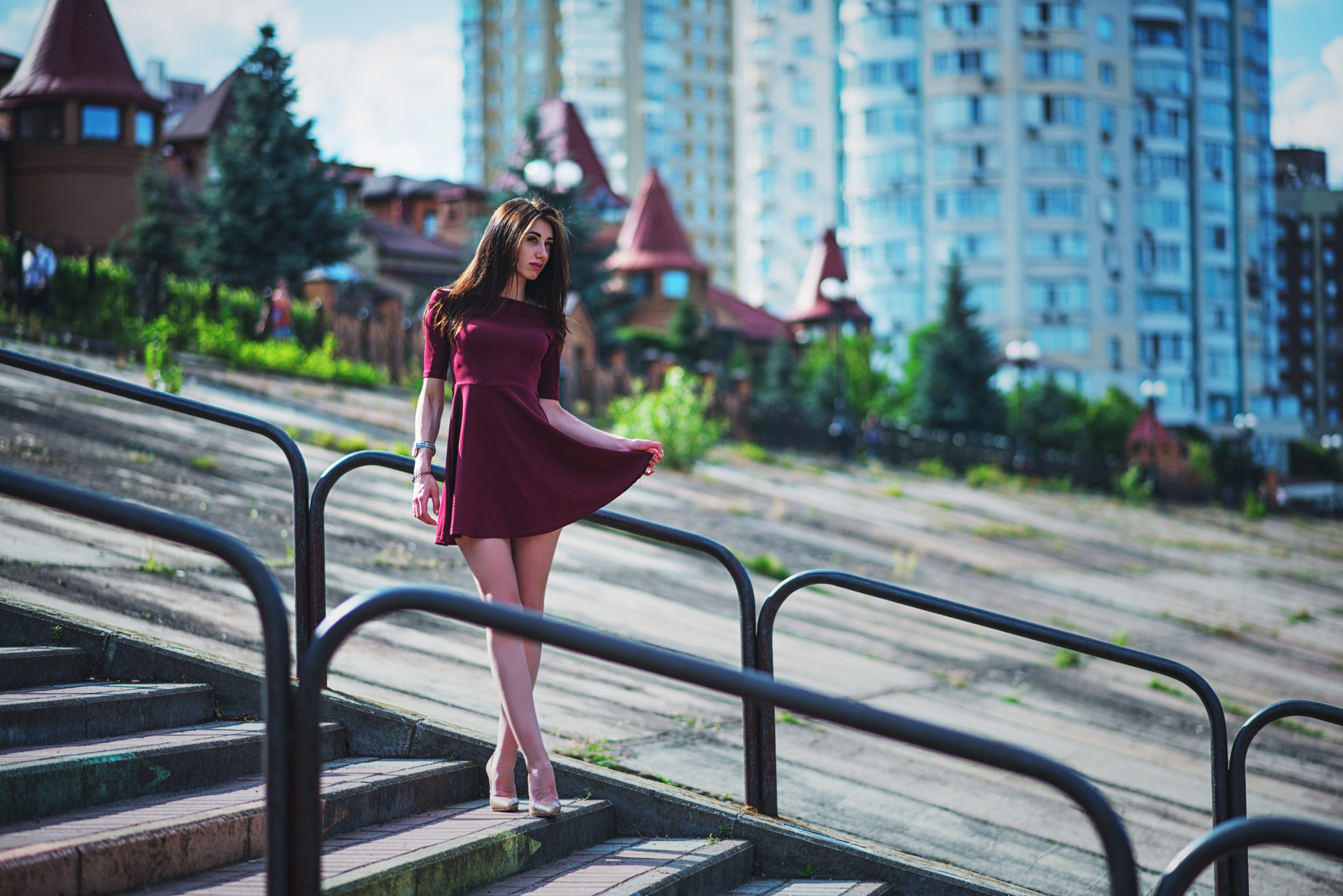 Women Dress High Heels Stairs Women Outdoors Depth Of Field Building Brown Background Purple Dresses 2048x1367