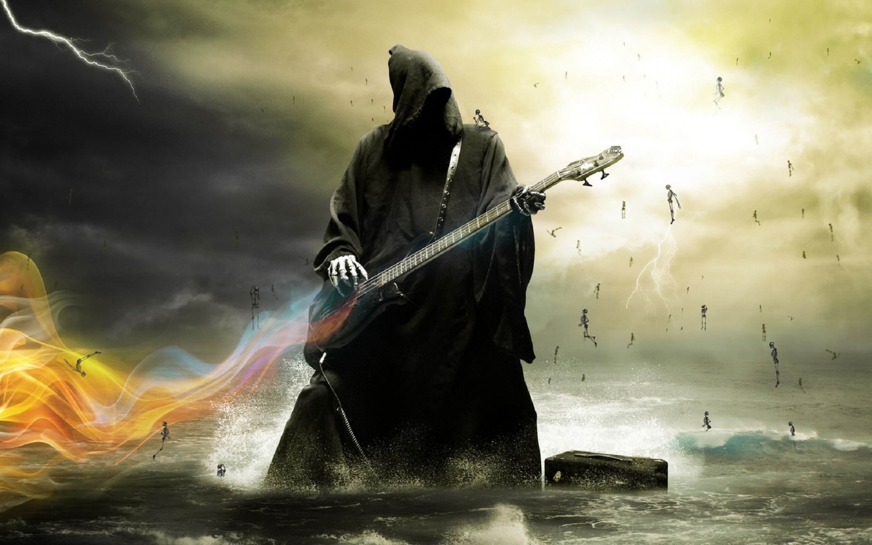 Death Guitar Skeleton Sea Dark Artwork Bass Guitars 2880x1800