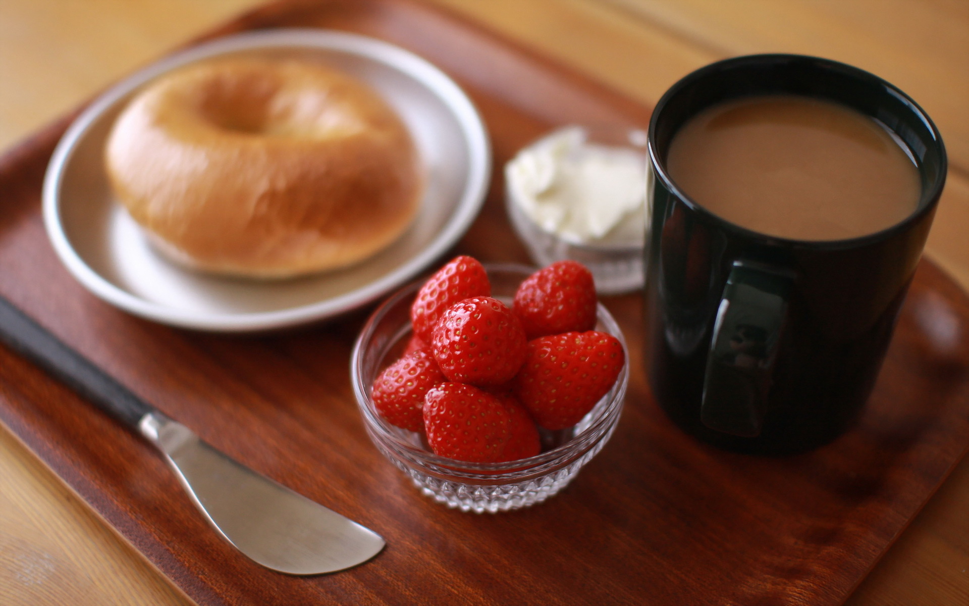 Still Life Breakfast Coffee Mug Strawberry Bagel 1920x1200