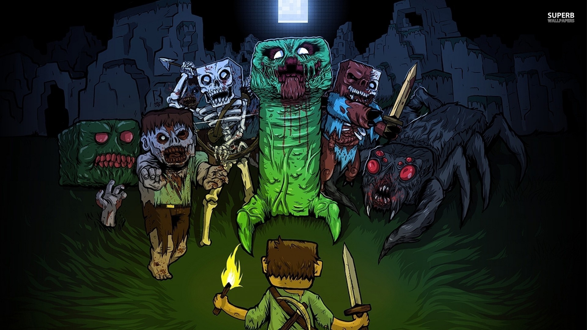 Minecraft Creeper Video Games Zombies Spider Steve Night 1920x1080