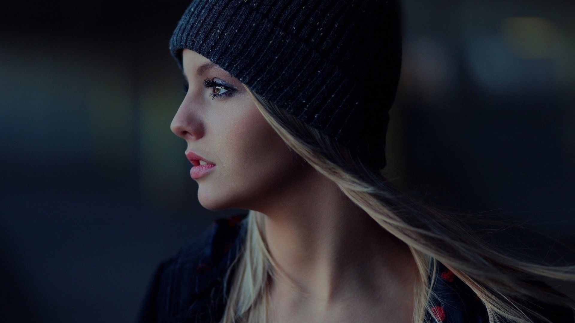 Women Blonde Woolly Hat Profile Portrait Face 1920x1080