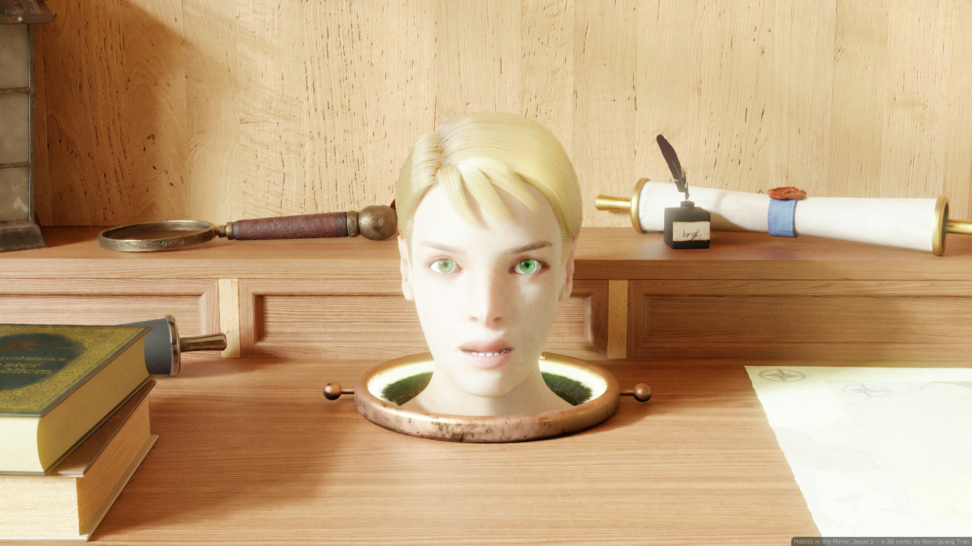 Matilda In The Mirror Blonde Scrolls Wooden Surface Head Books 1920x1080