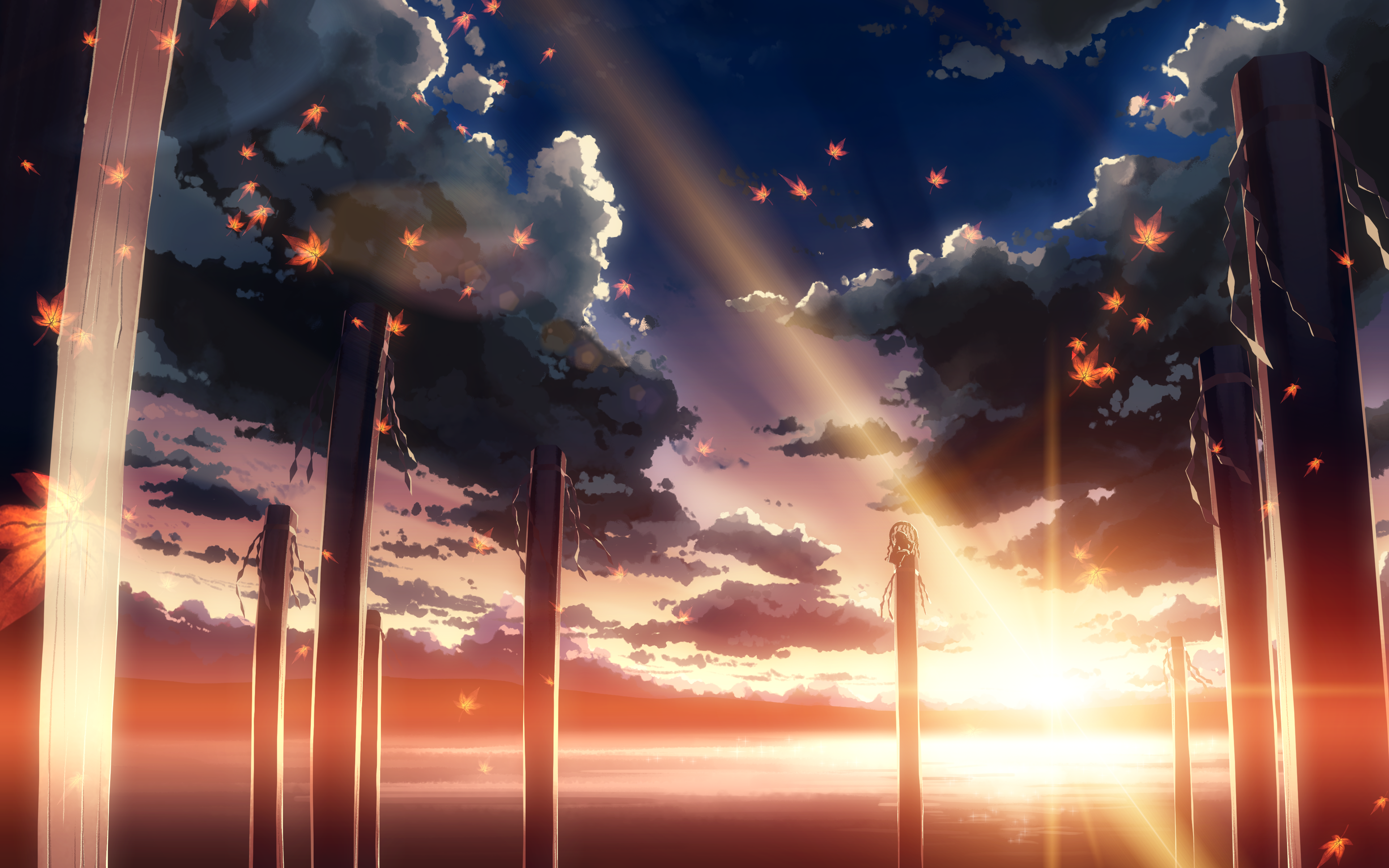 Anime Girls Touhou Video Games Yasaka Kanako Nature Sky Column Sunset Clouds Sea 3840x2400