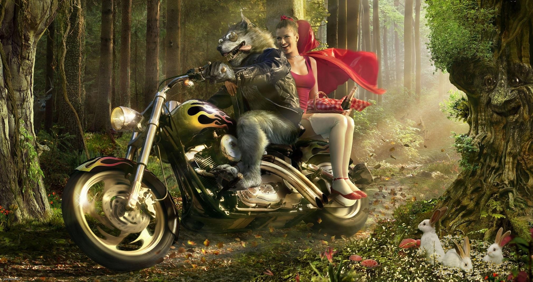 Motorcycle Fantasy Art Digital Art Little Red Riding Hood Wolf Rabbits Forest 2020x1070
