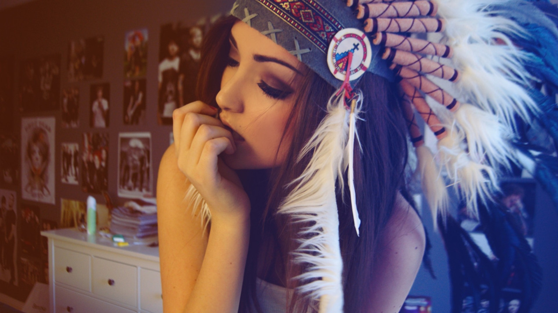 Women Melanie Iglesias Indian Hat Closed Eyes Women Indoors Brunette Model 1920x1080