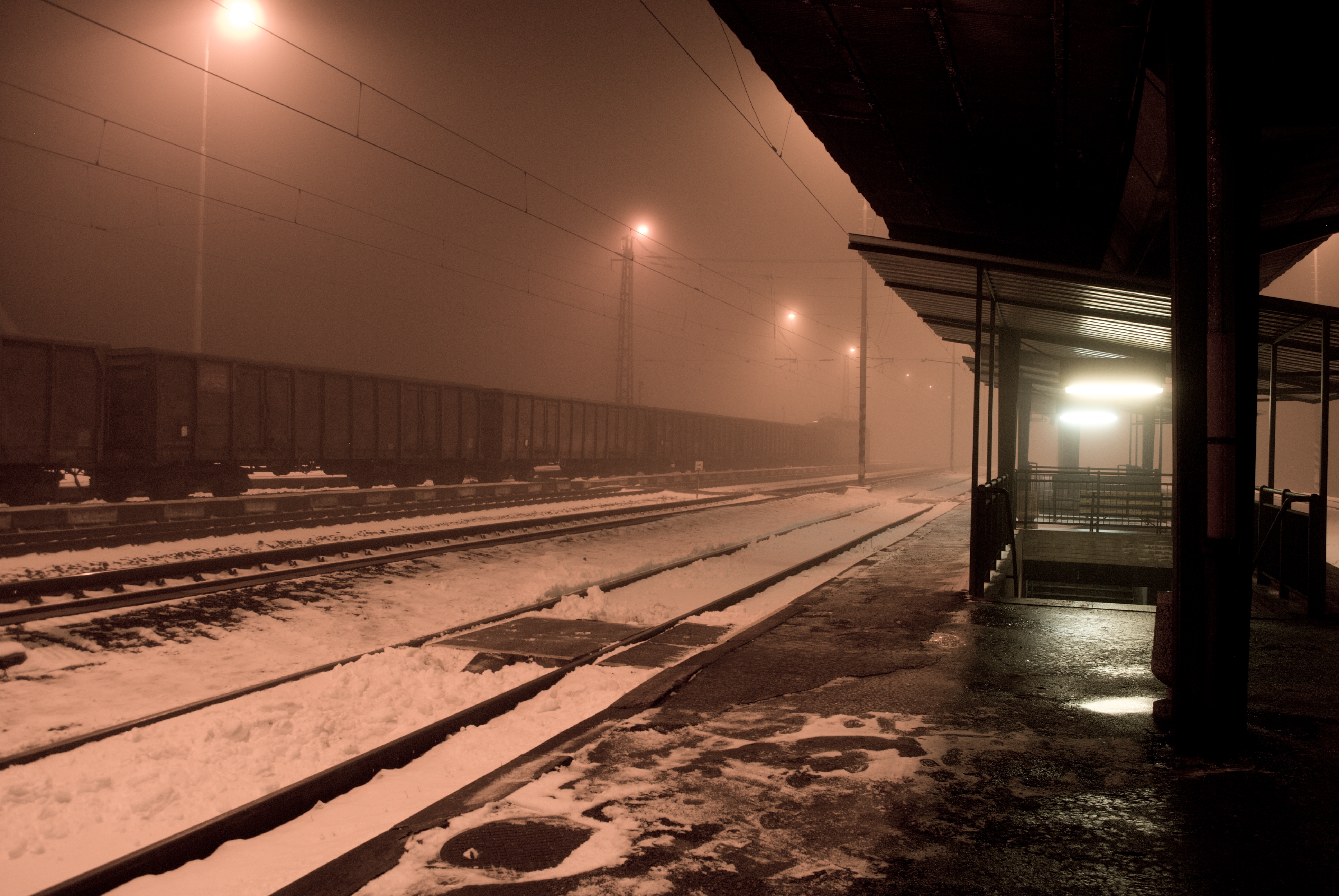 Railway Train Station Slovakia Winter Snow Night Train Mist Empty Electric Locomotives Lights 3872x2592