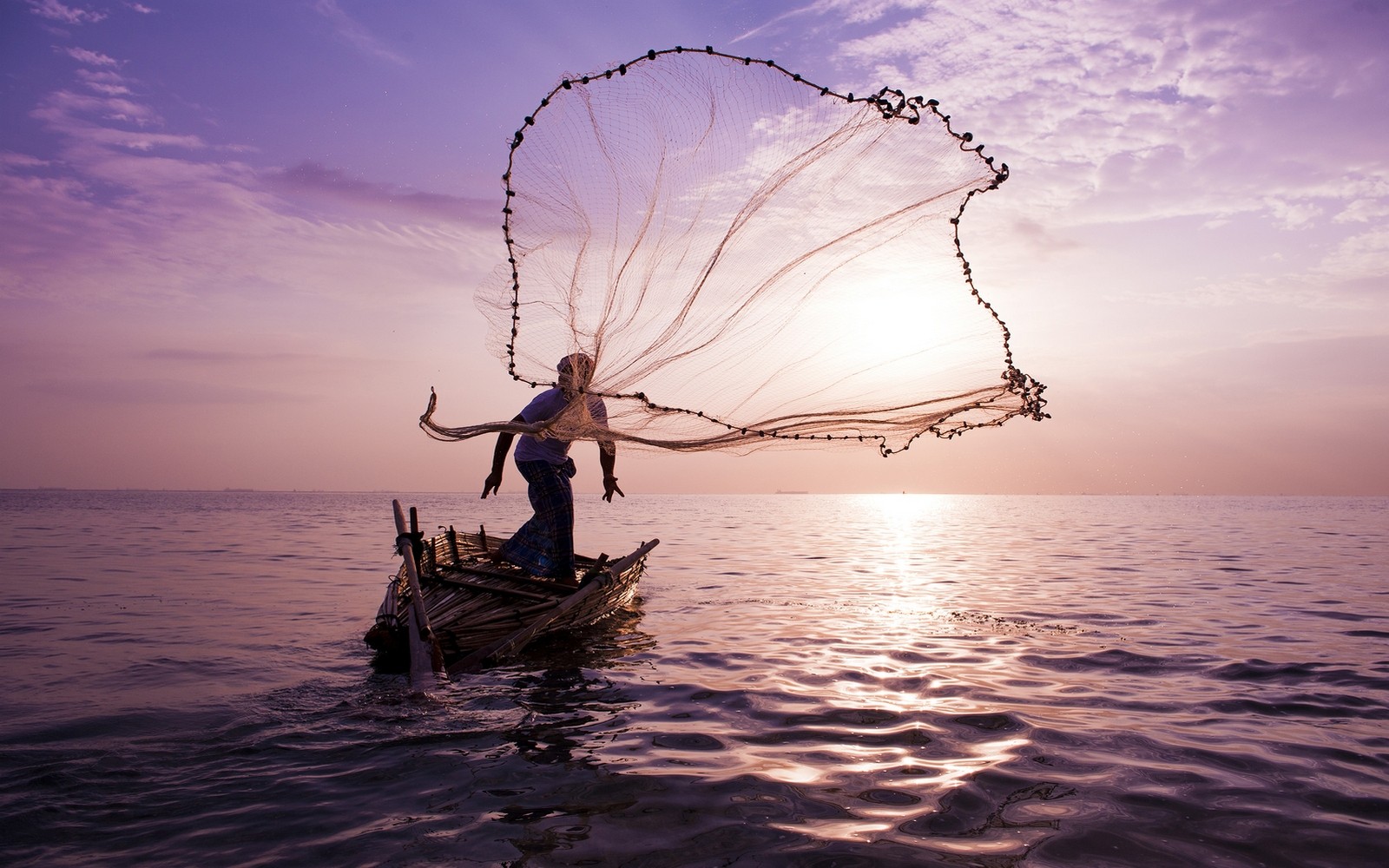 Nature Landscape Sea Fisherman Nests Fishing Mist Clouds Water Boat 1600x1000