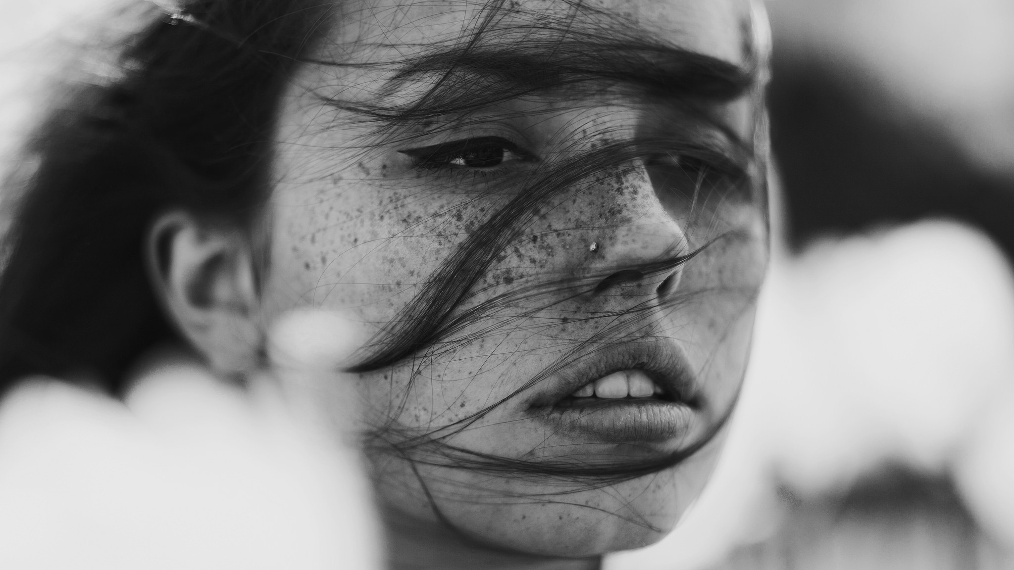 Women Ruby James Skye Thompson Monochrome Freckles Pierced Nose Looking Away Hair In Face Open Mouth 2048x1152