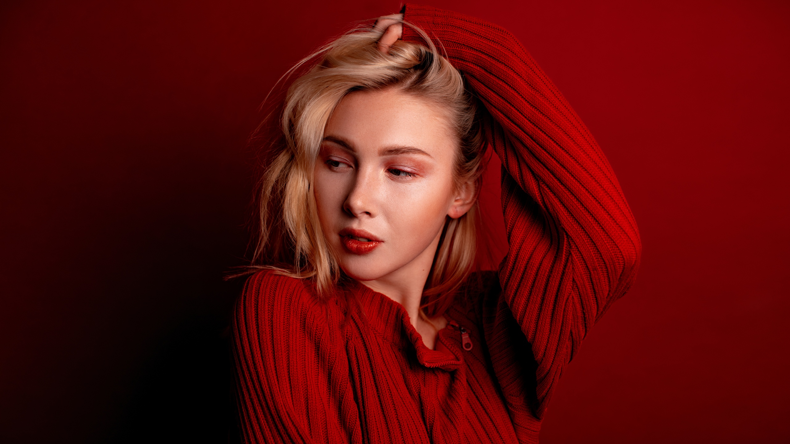 Women Model Blonde Touching Hair Looking Away Red Lipstick Red Sweater Sweater Red Background Simple 2560x1440
