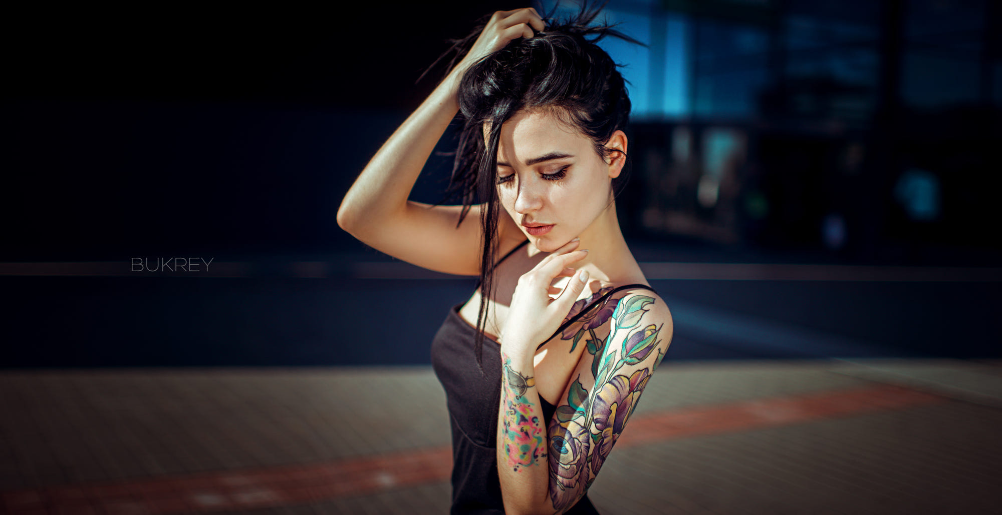 Women Brunette Women Outdoors Tattoo Face Portrait Bokeh Hands In Hair Dress Black Clothing Kirill B 2000x1029