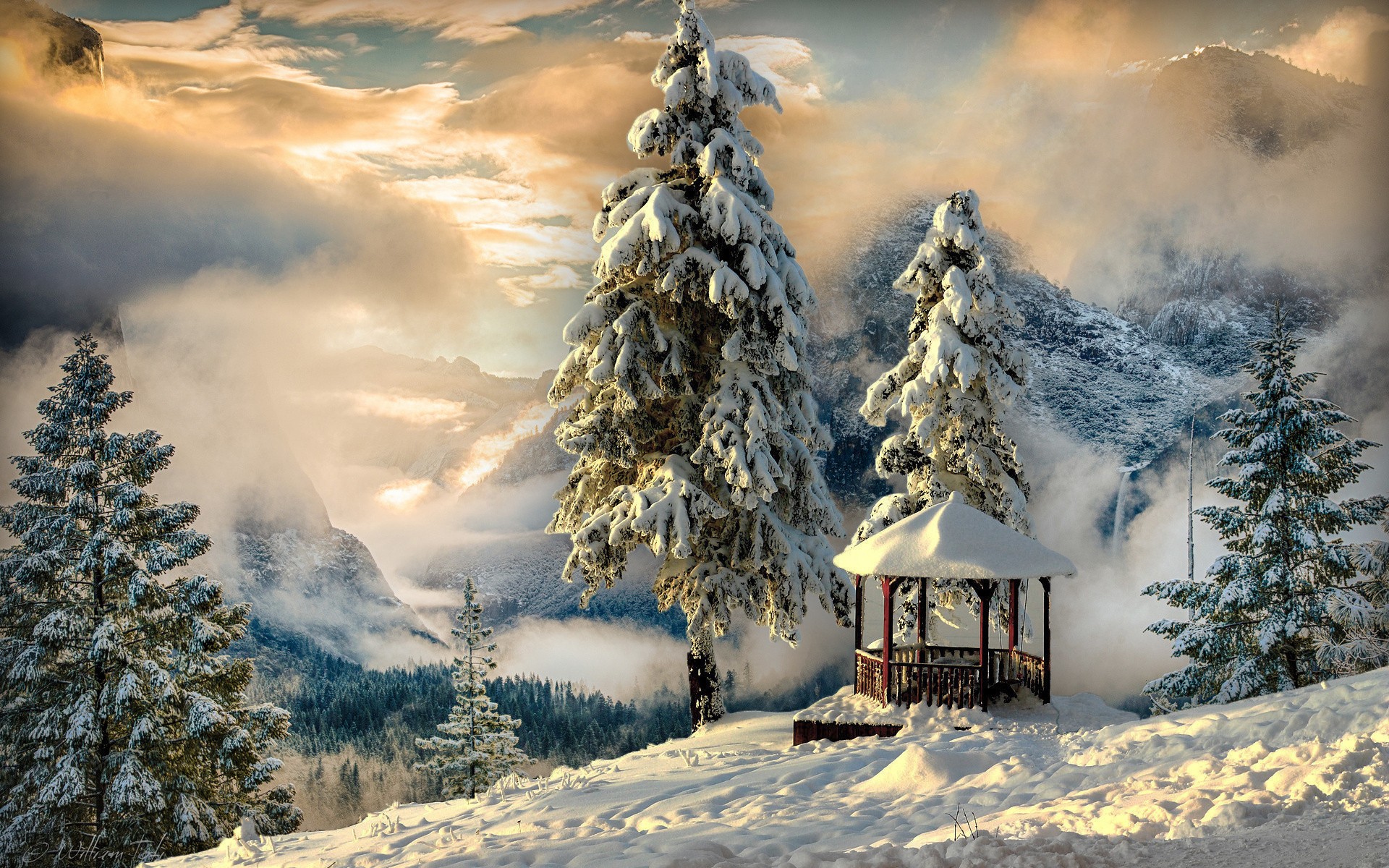 Nature Landscape Mountains Snow Winter Clouds Trees Sunlight Forest Gazebo 1920x1200