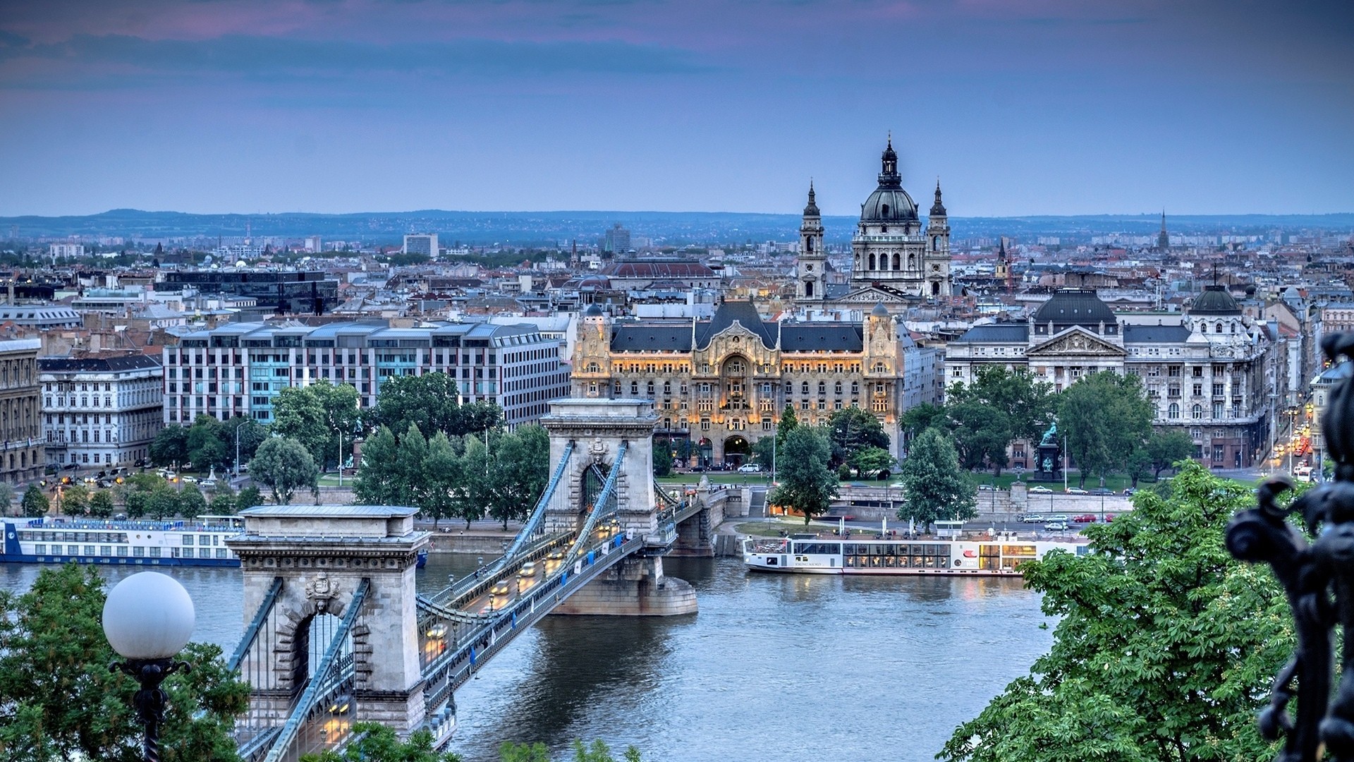 Cityscape Architecture Building Budapest Hungary Old Building River Chain Bridge Ship Cathedral Even 1920x1080