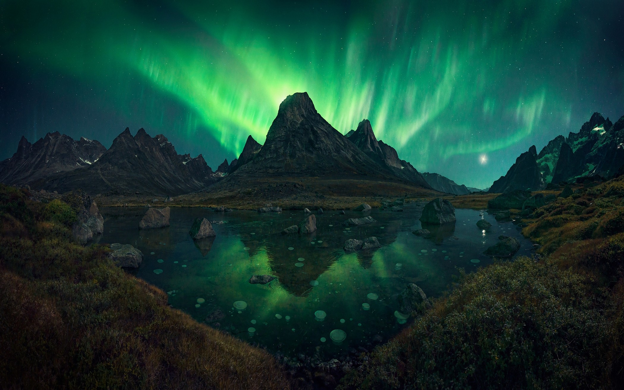 Nature Landscape Aurorae Mountains Lake Grass Shrubs Sky Stars Greenland Summer 2100x1313