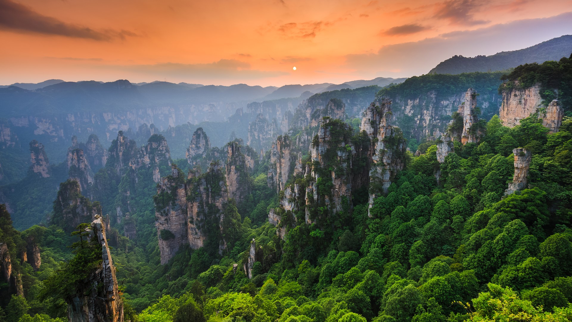Nature Landscape Sun Sunset Mountains Trees Forest Rock Formation Clouds Sky Zhangjiajie National Pa 1920x1080