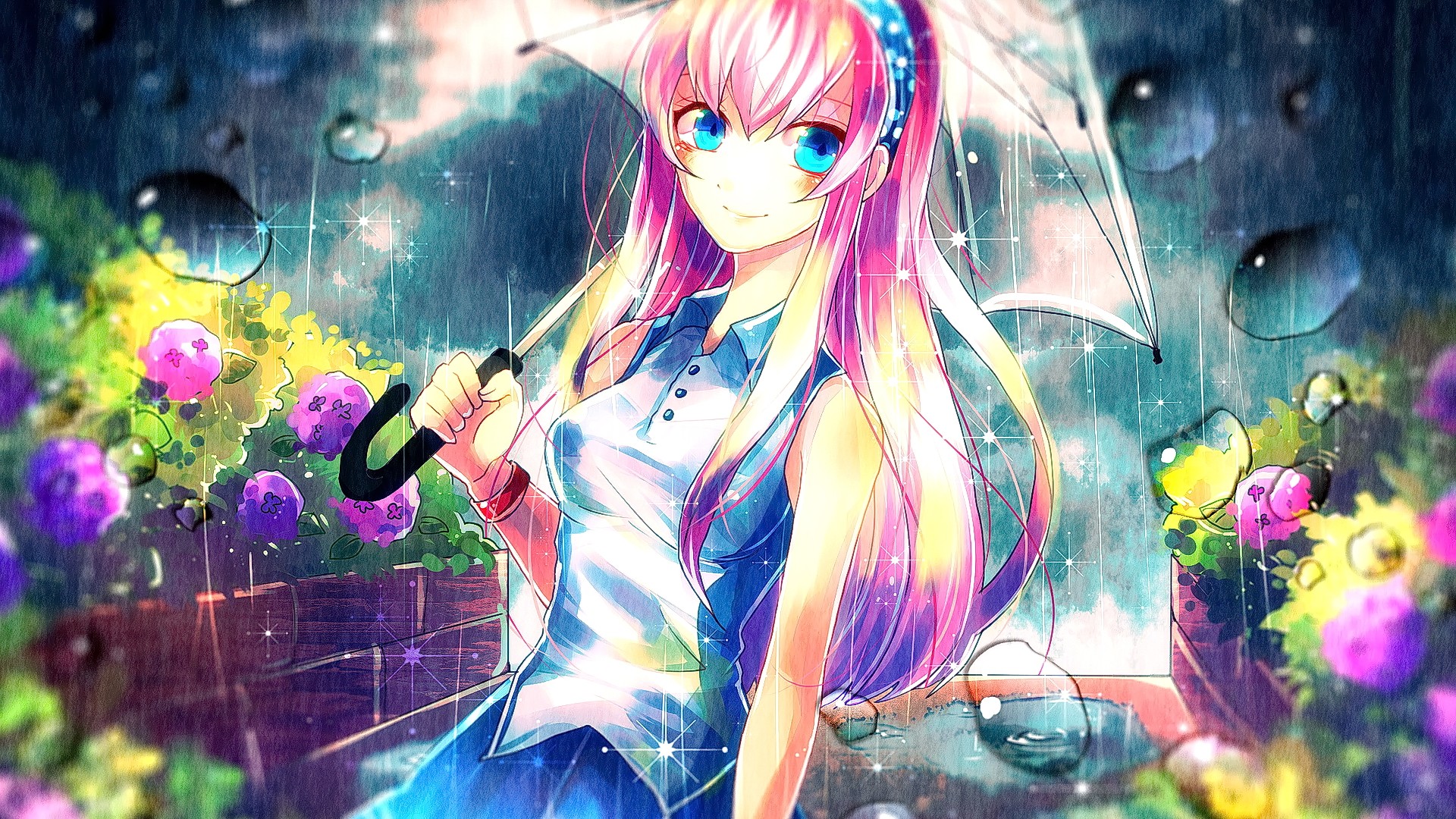 Anime Anime Girls Pink Hair Umbrella Blue Eyes Smiling Megurine Luka 1920x1080