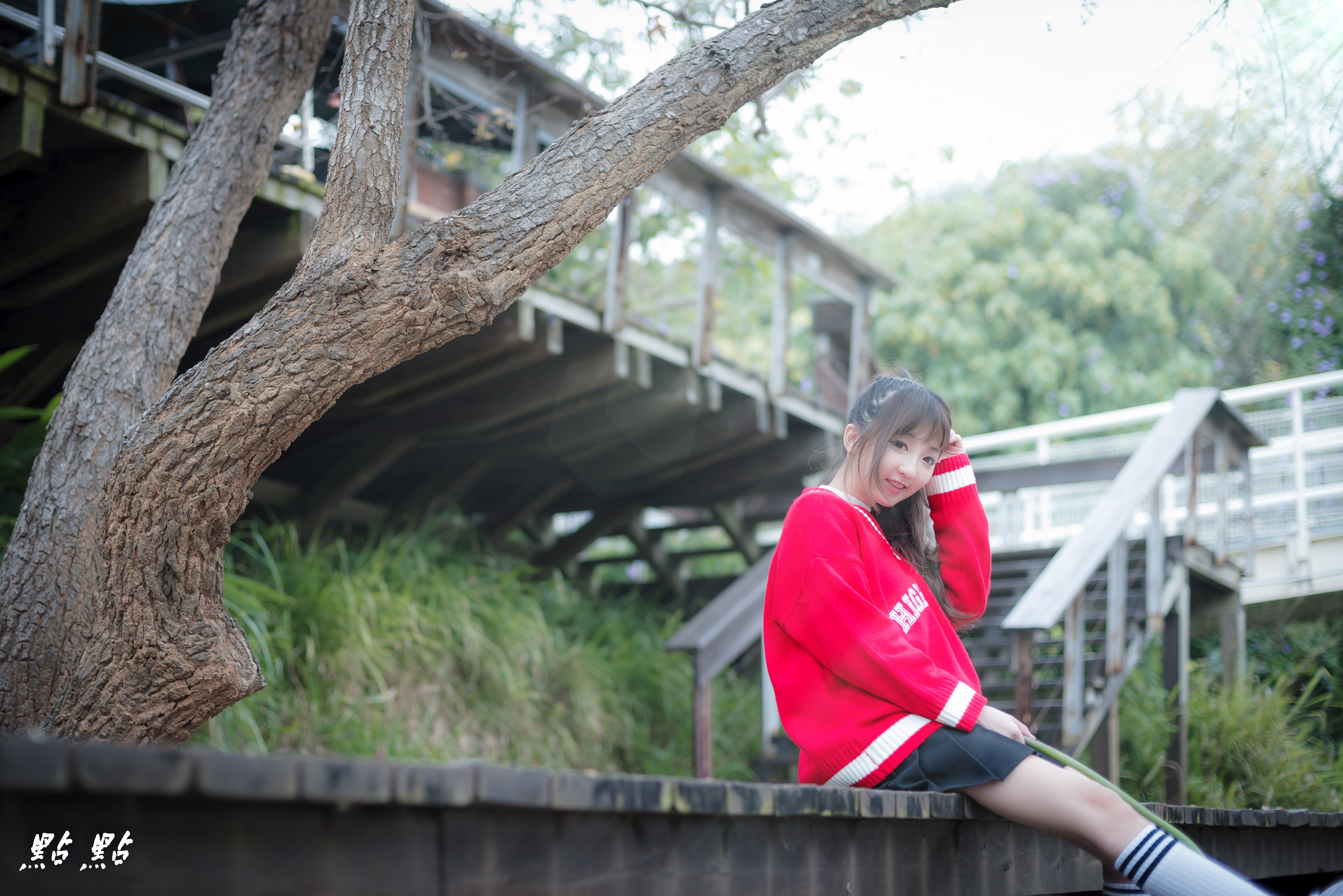 Asian Women School Uniform Women Outdoors Brunette Depth Of Field Sitting Red Sweater Trees 5496x3669