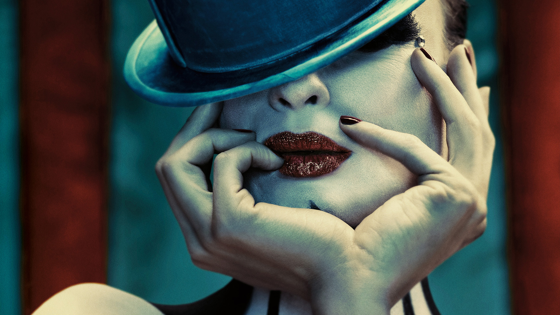Women Model Face American Horror Story TV Top Hat Finger On Lips Red Lipstick Painted Nails 1920x1080