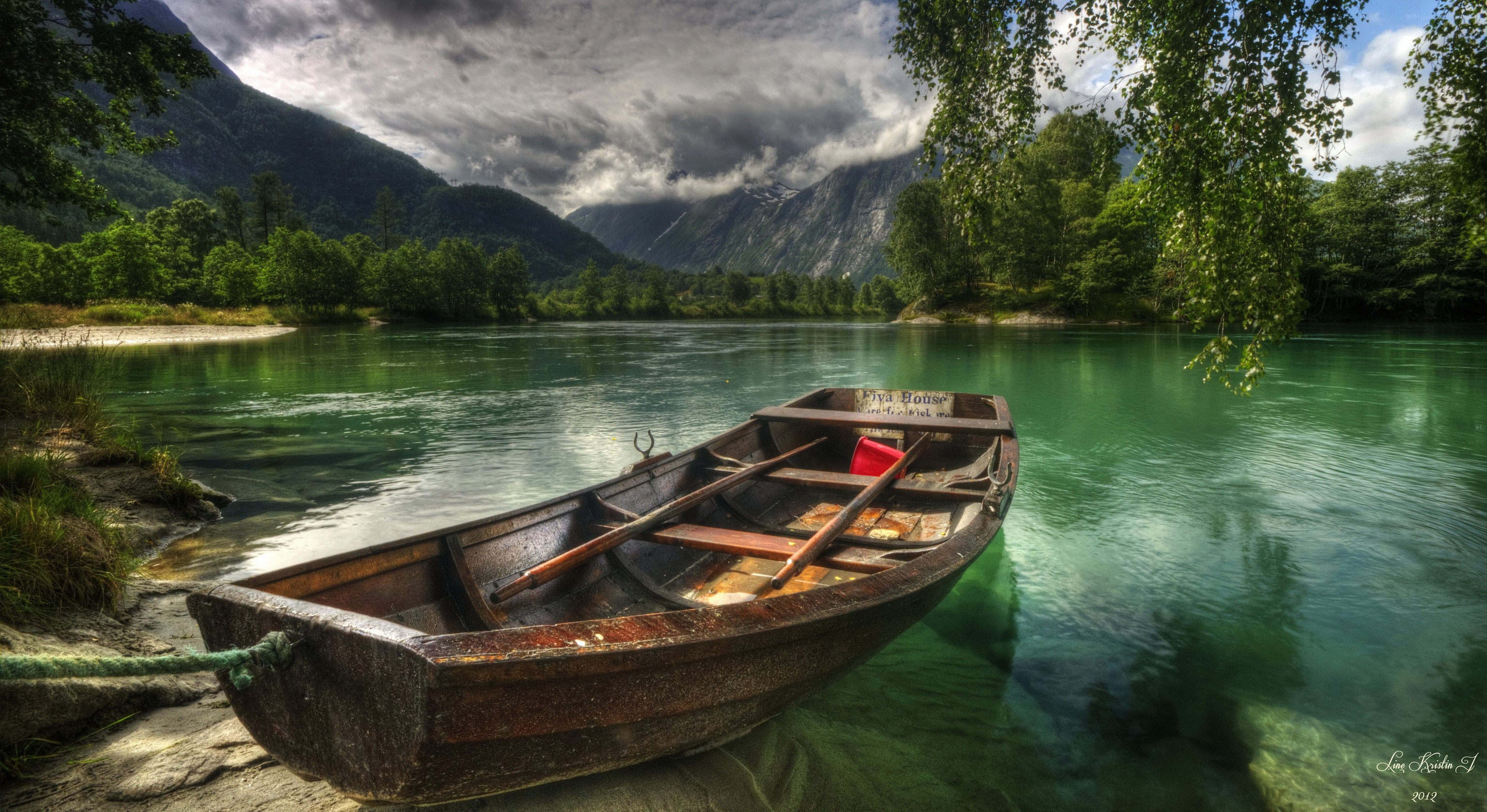 Landscape River Rowboat Without People Wood Beach Mountains Clouds 3072x1679