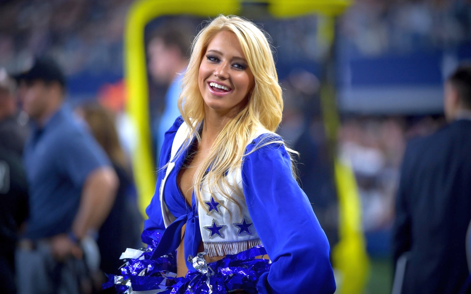 Cheerleaders Dallas Cowboys NFL Blonde Smiling Uniform Long Hair Long Eyelashes Eyelashes Eyeliner 1920x1200