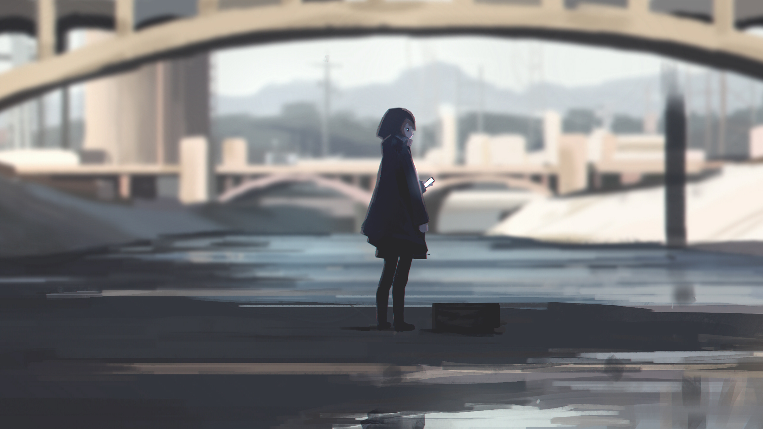 Anime Girls Artwork Cityscape Dark Bridge Cellphone Raincoat 2560x1440