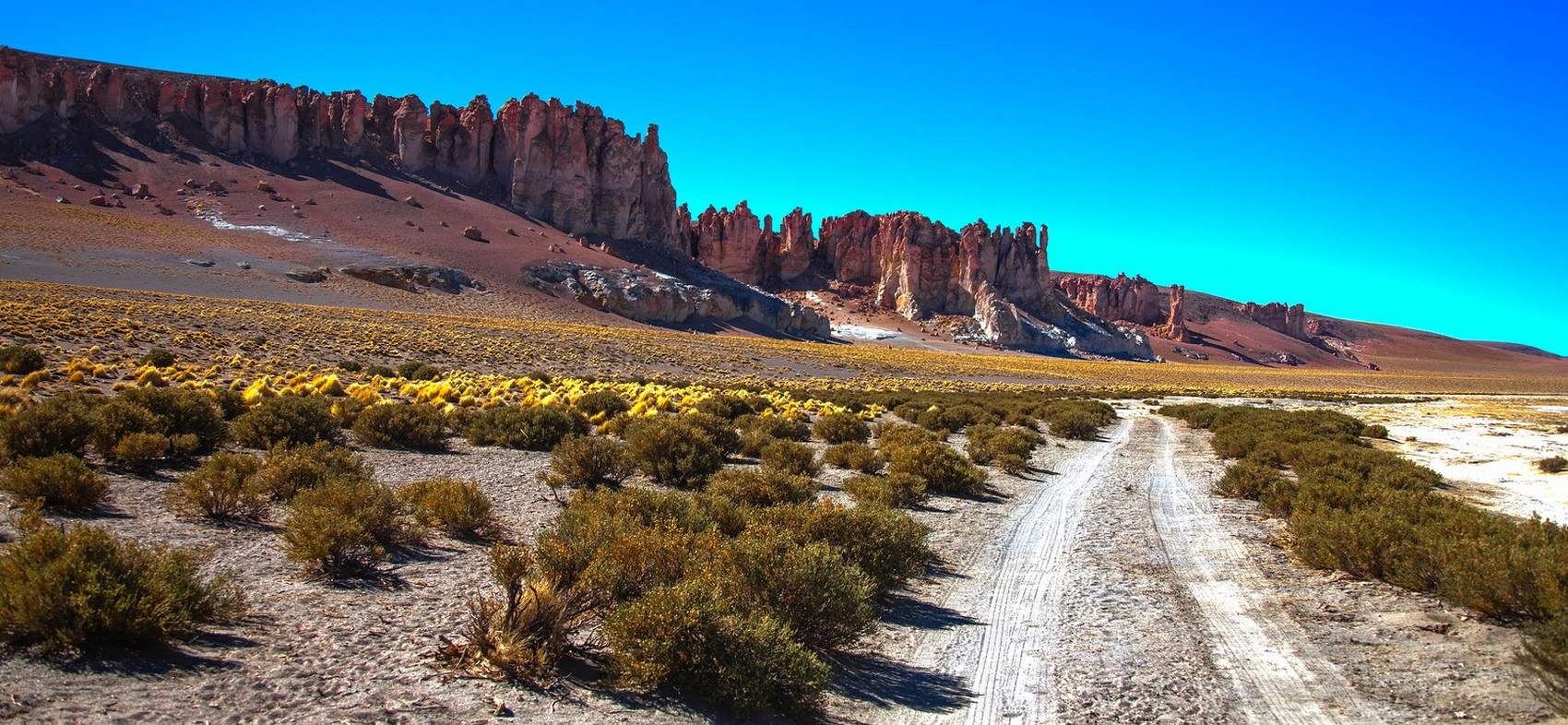 Nature Landscape Atacama Desert Shrubs Panoramas Chile Dirt Road Rock Shrubbery Desert 1700x786