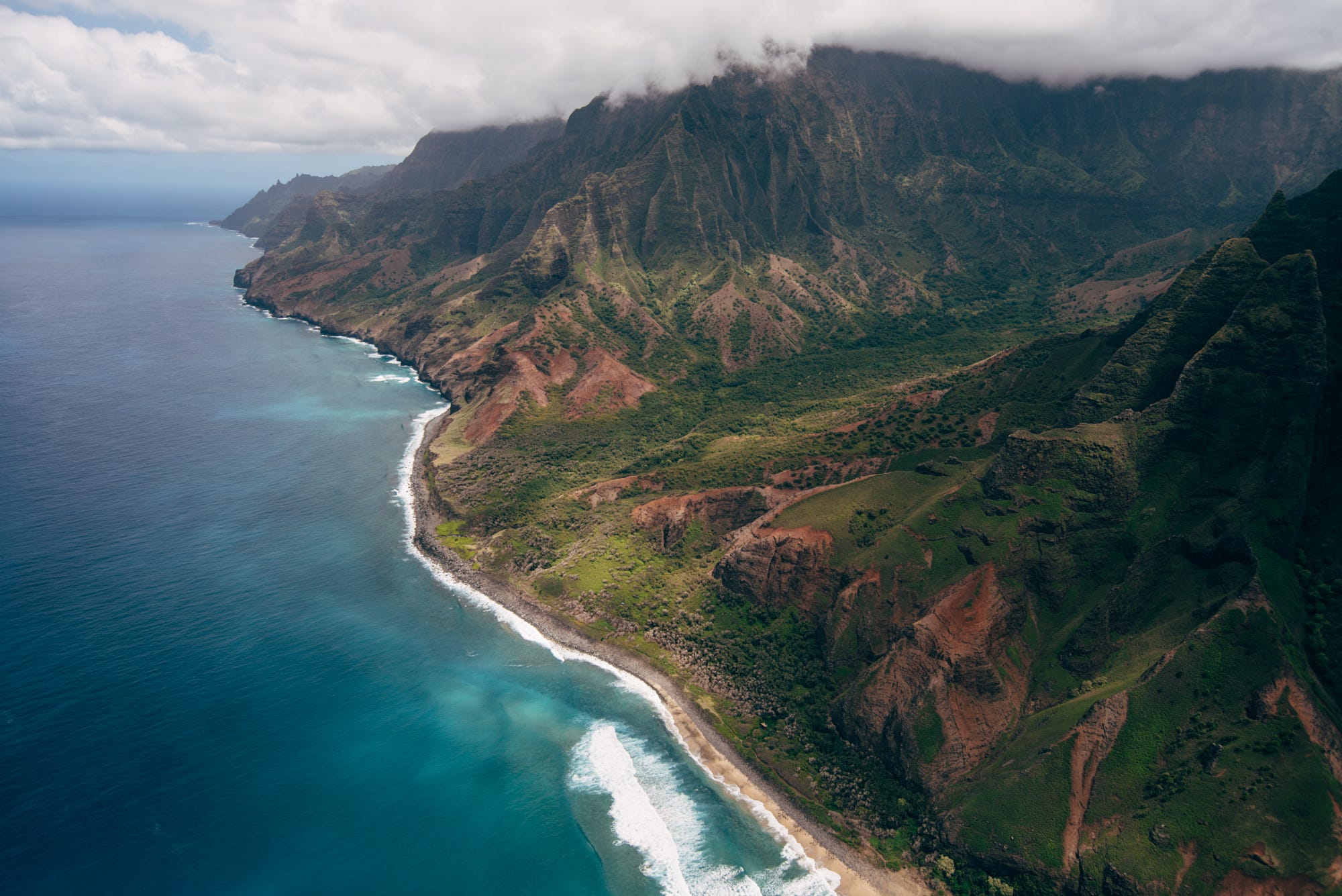 Nature Hawaii Landscape Mountains Clouds Water Aerial View Birds Eye View Jurassic Park 2000x1335