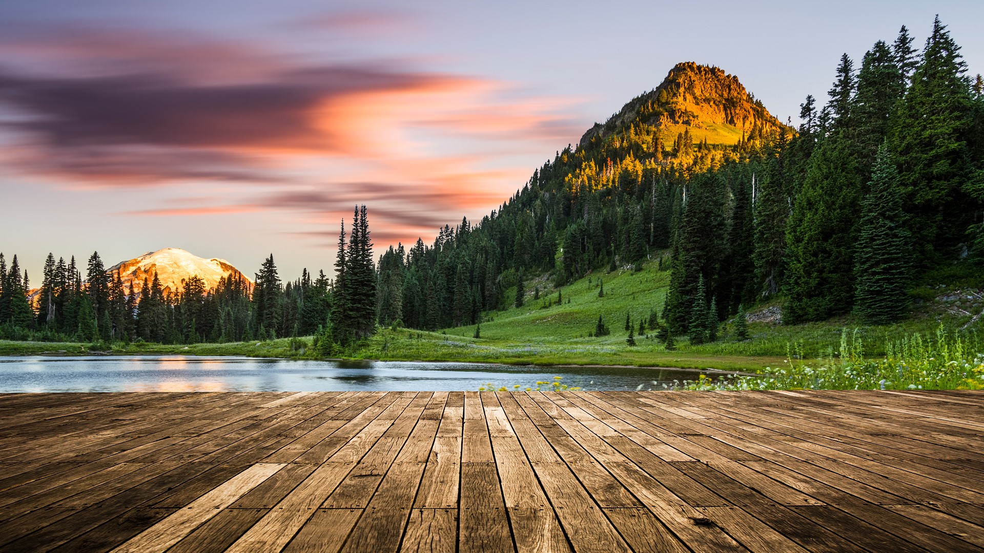 Nature Landscape Mountains Trees Forest Plants Clouds Sky Sunset Water Lake Wooden Floor Mt Rainier  1920x1080