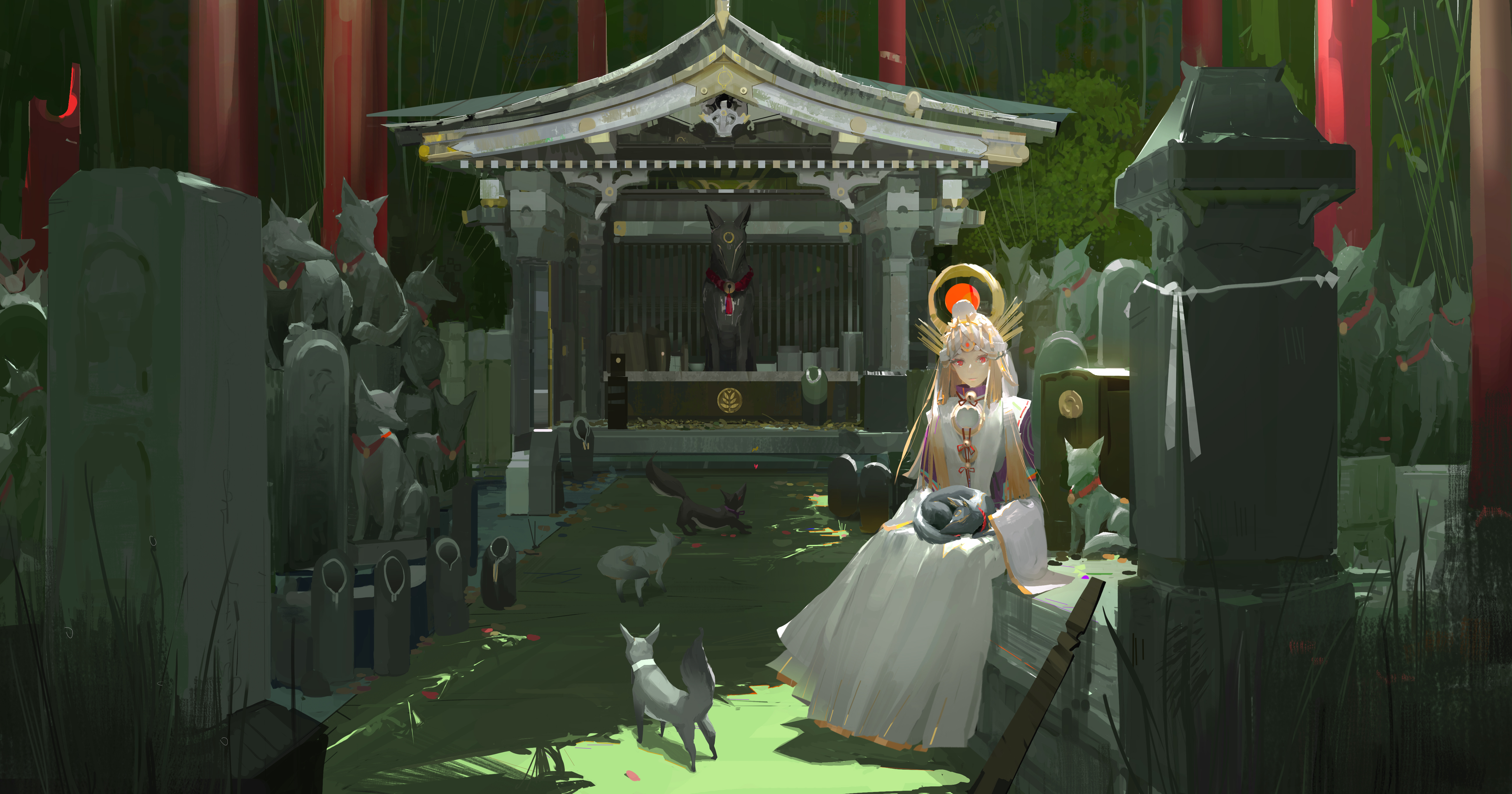 Anime Girls Women Blonde Hair Ornament Red Eyes Looking At Viewer Sitting Miko Environment Architect 5191x2726